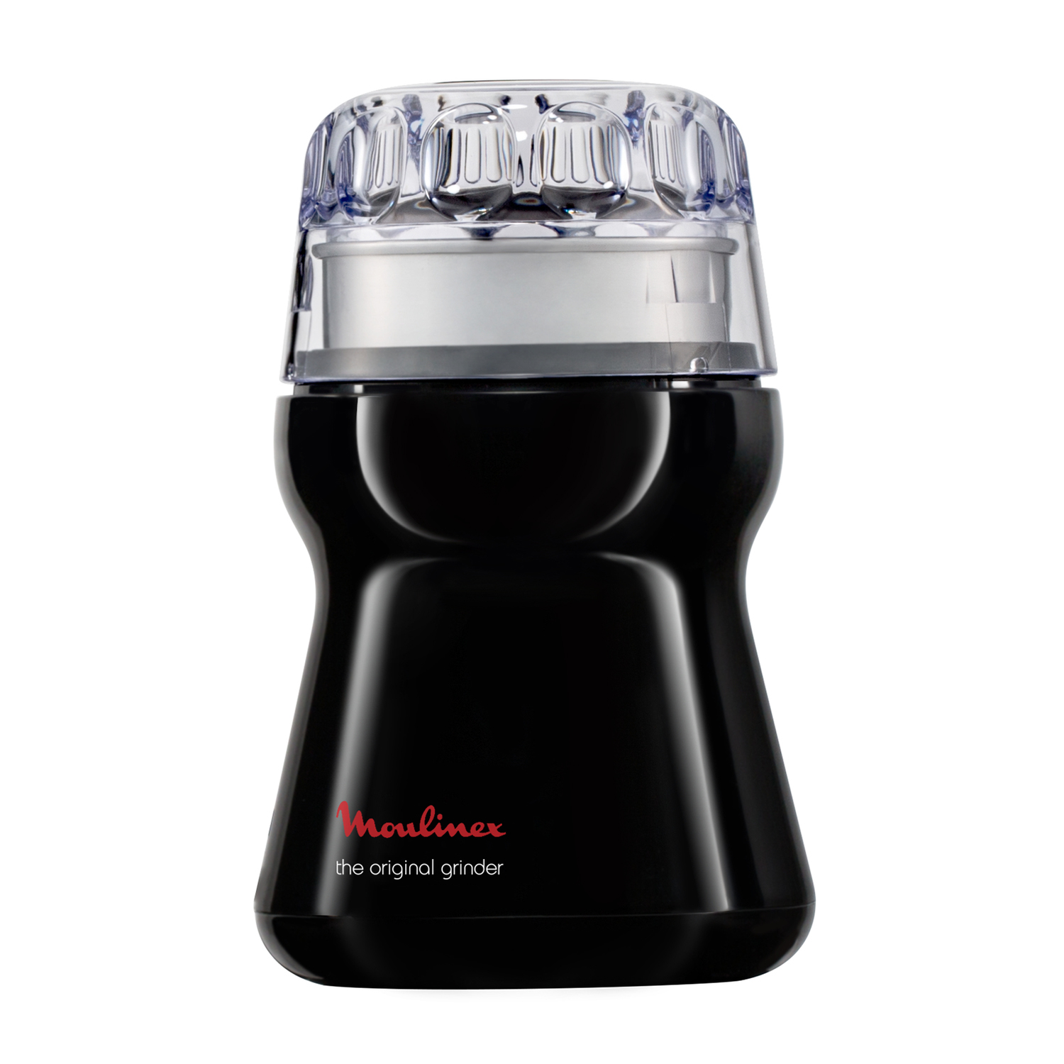 Macinacaffè Moulinex nero su sfondo bianco. La parte superiore trasparente mostra il meccanismo di macinazione. Logo Moulinex rosso.