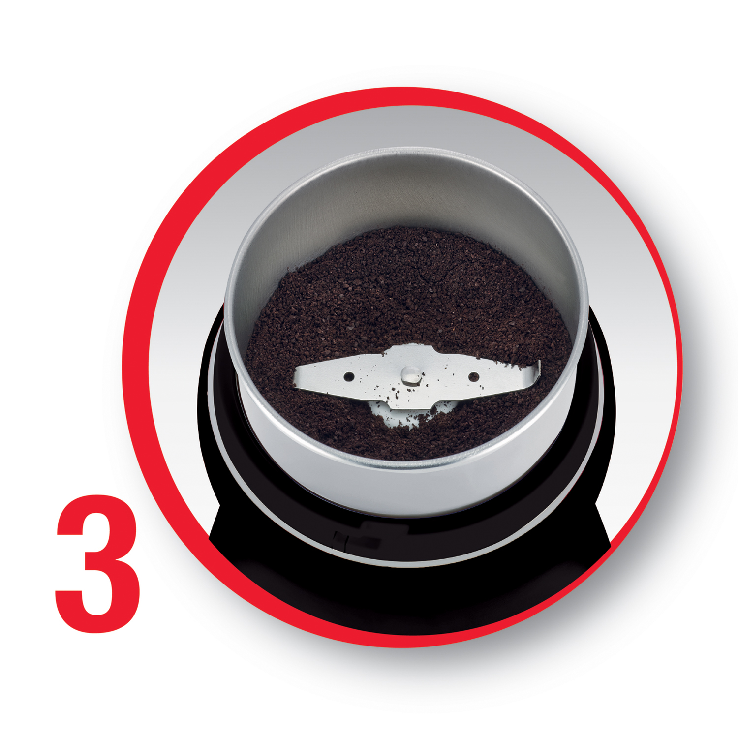 Macinacaffè con caffè macinato e una lama all'interno di un cerchio rosso con un 3.