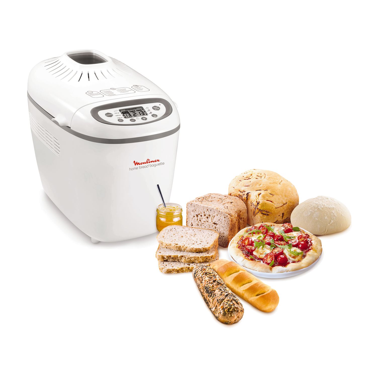 Macchina per il pane bianca con pane e pizza intorno. Anche un vasetto di miele.