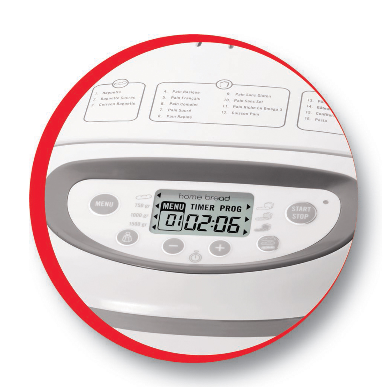 Macchina per il pane con opzioni di menu e display del timer. Anello rosso intorno.