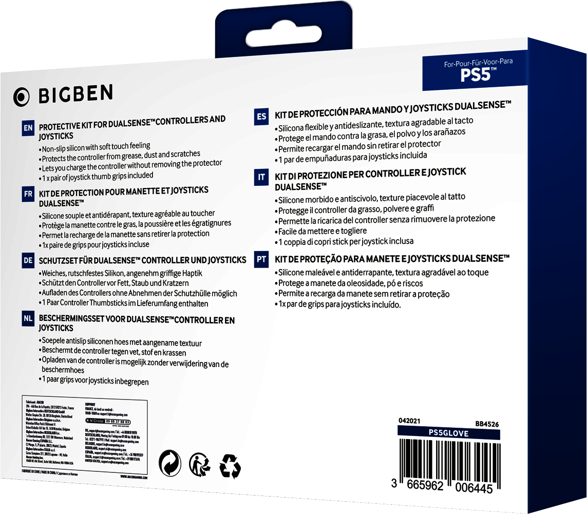 Rückseite einer PS5-Controller-Hülle mit Produktdetails und Sicherheitsinformationen.