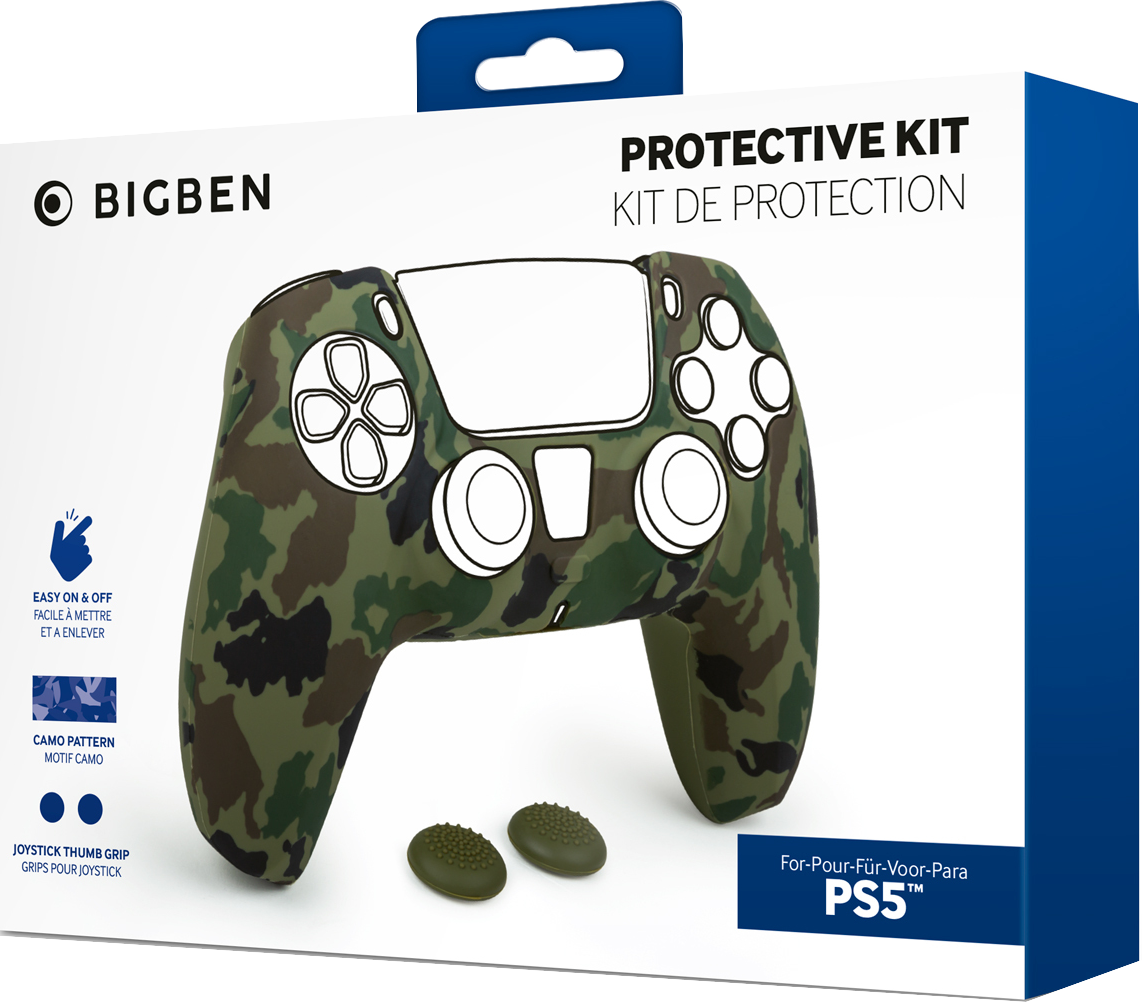 BigBen PS5 Schutzset-Box mit Tarnmuster-Controller und Daumengriffen.