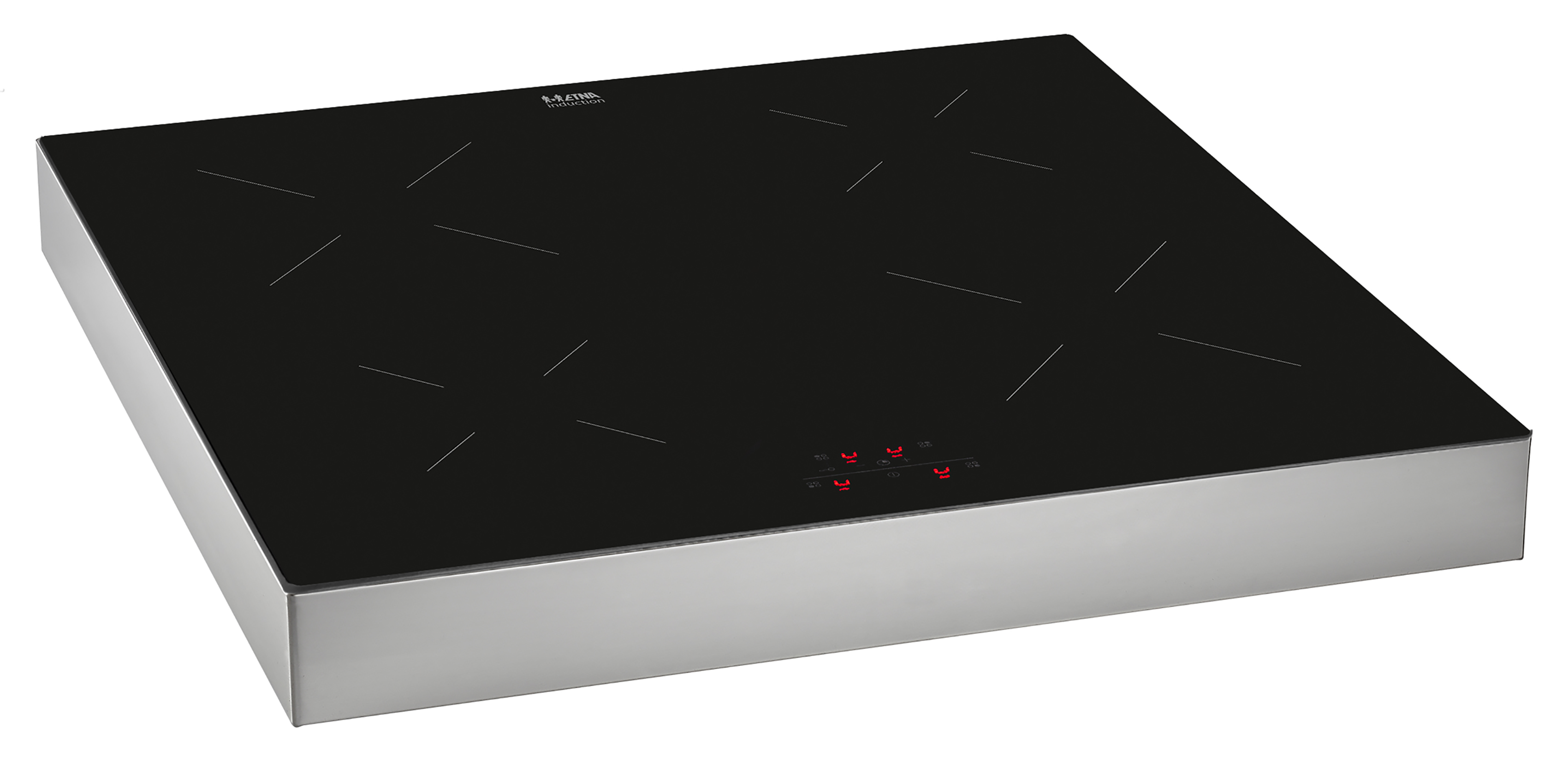 A black glass induction hob with four cooking zones. A silver frame surrounds the hob.