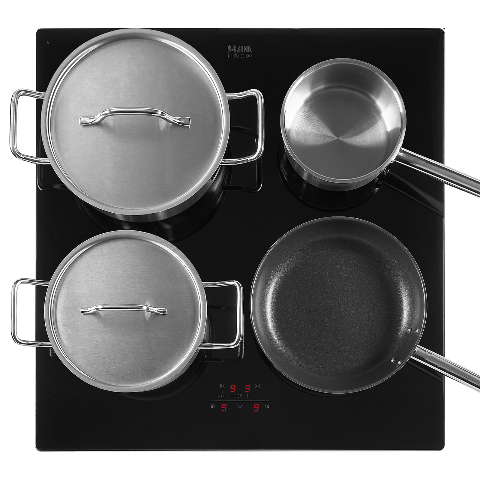 Black stove with four pots and a pan on top.
