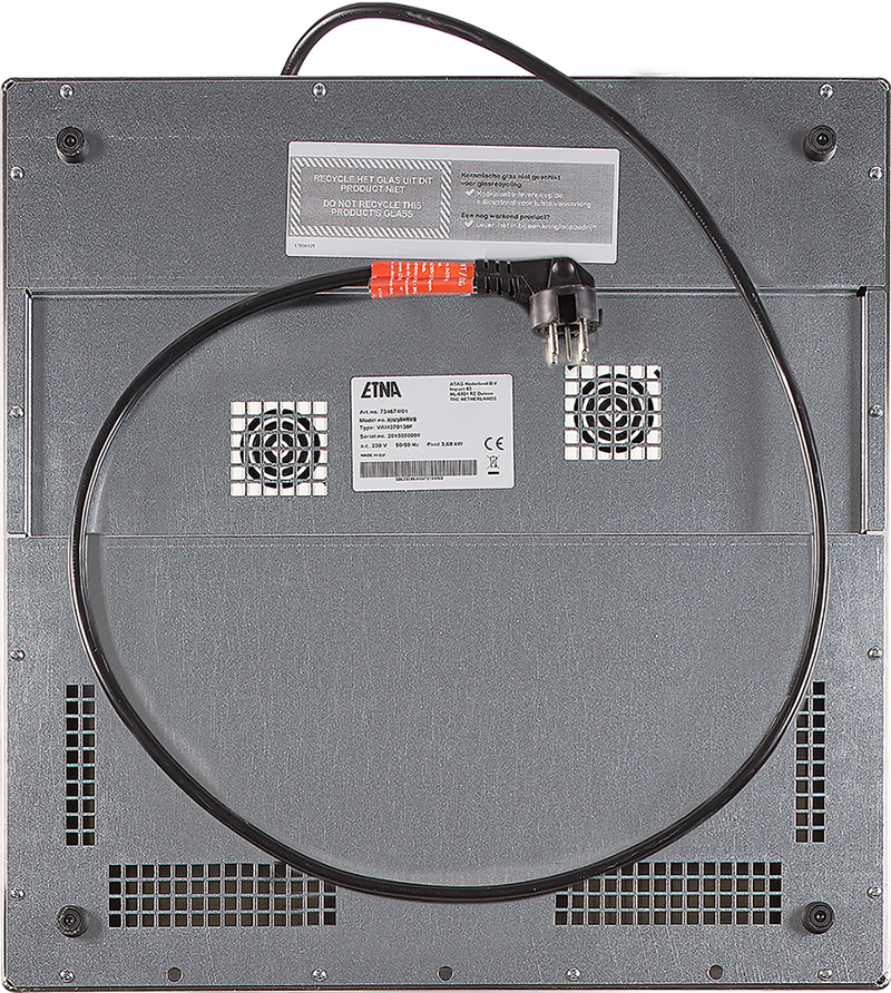 Bottom view of a black induction cooktop with power cord and two fans.