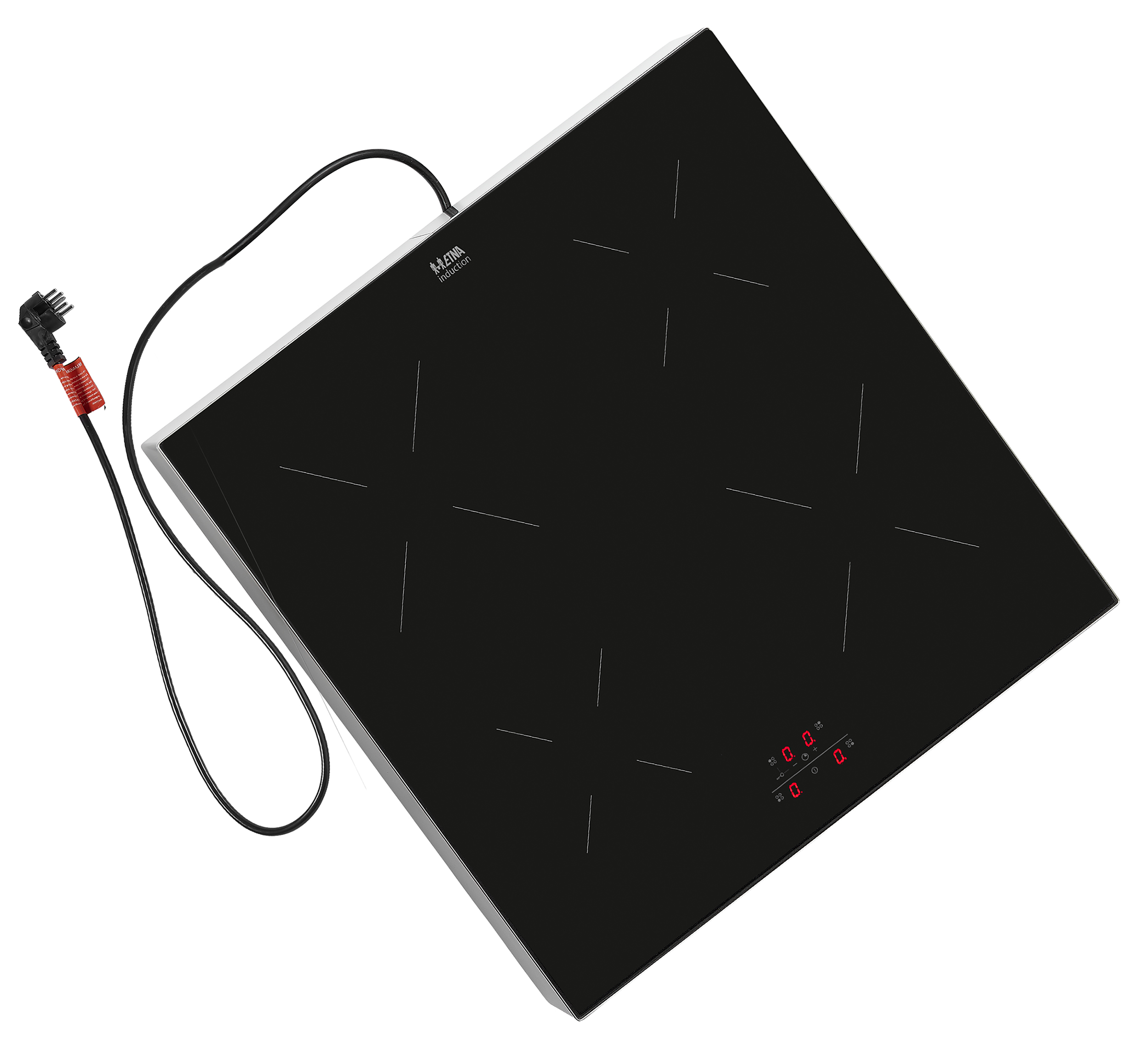 Black induction cooktop with four burners. Power cord is attached at a 90-degree angle.