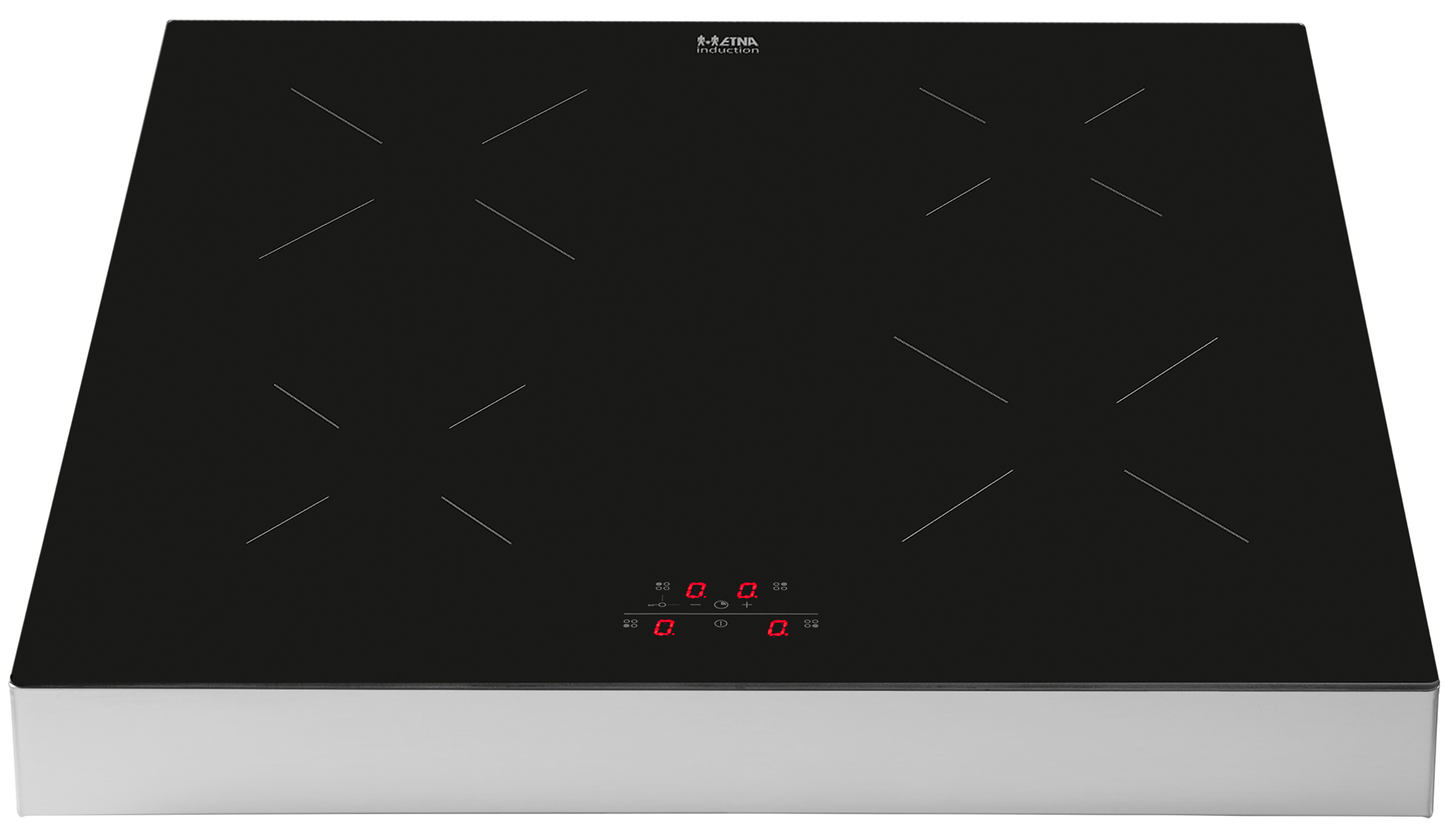 Black induction cooktop with four burners. Red lights indicate the power level.