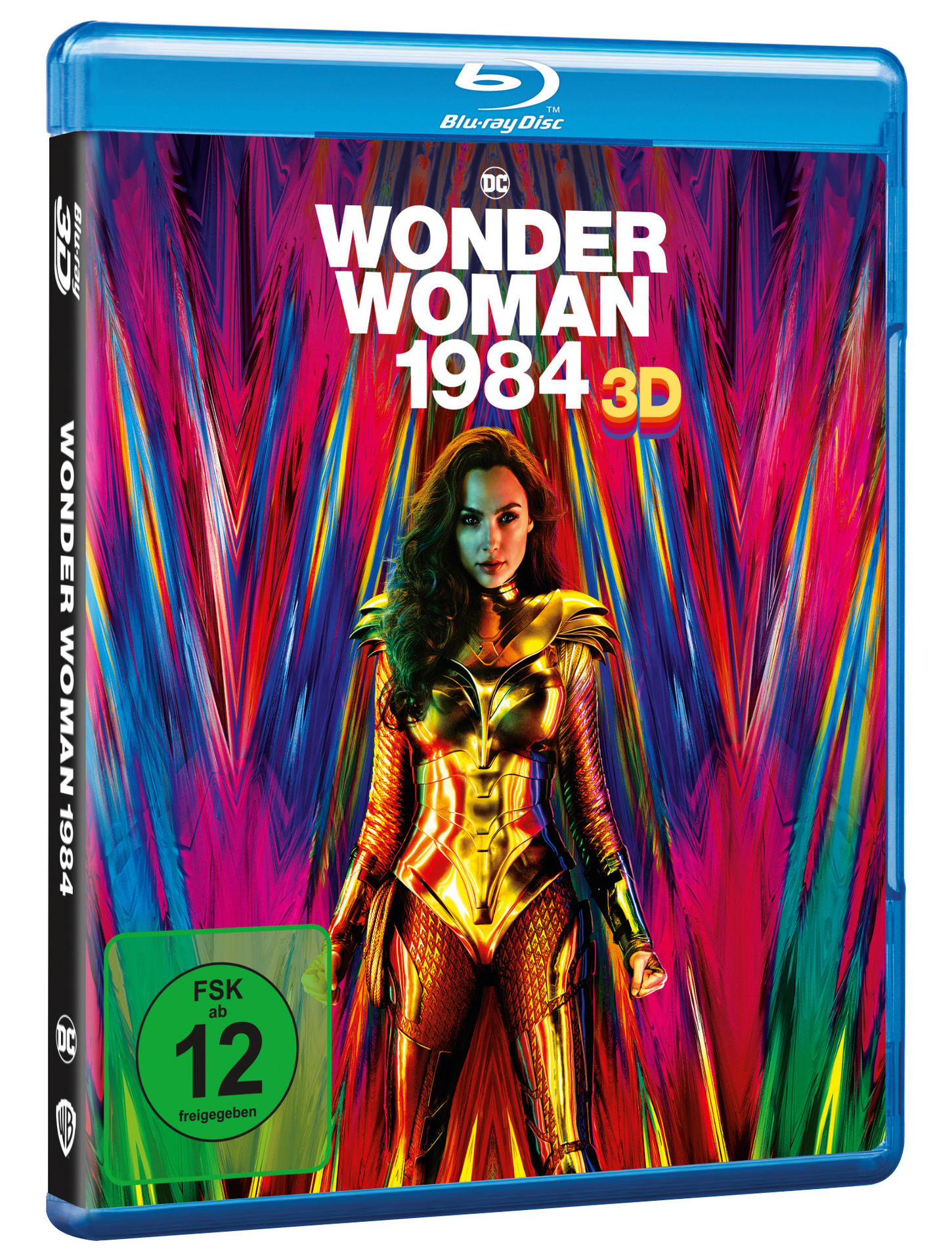 Eine Blu-Ray-Disc von Wonder Woman 1984. Gal Gadot trägt einen goldenen Anzug auf dem Cover.