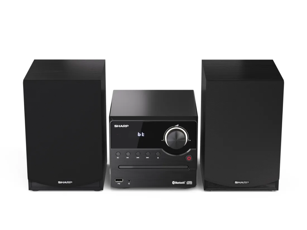 Sistema estéreo negro con dos altavoces y una unidad de control central.