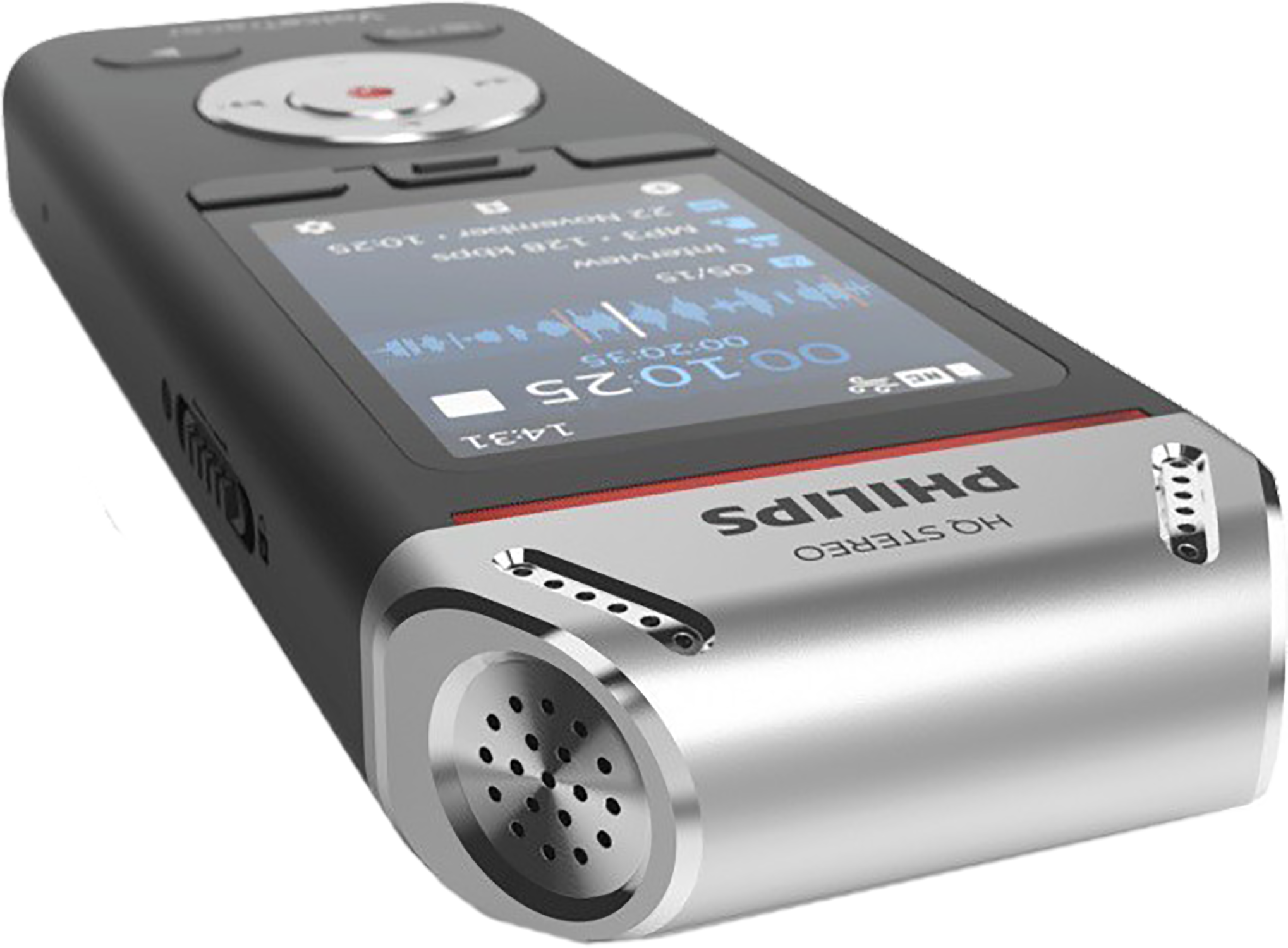 Philips HQ Stereo voice recorder. Showing the screen with time and recording info.