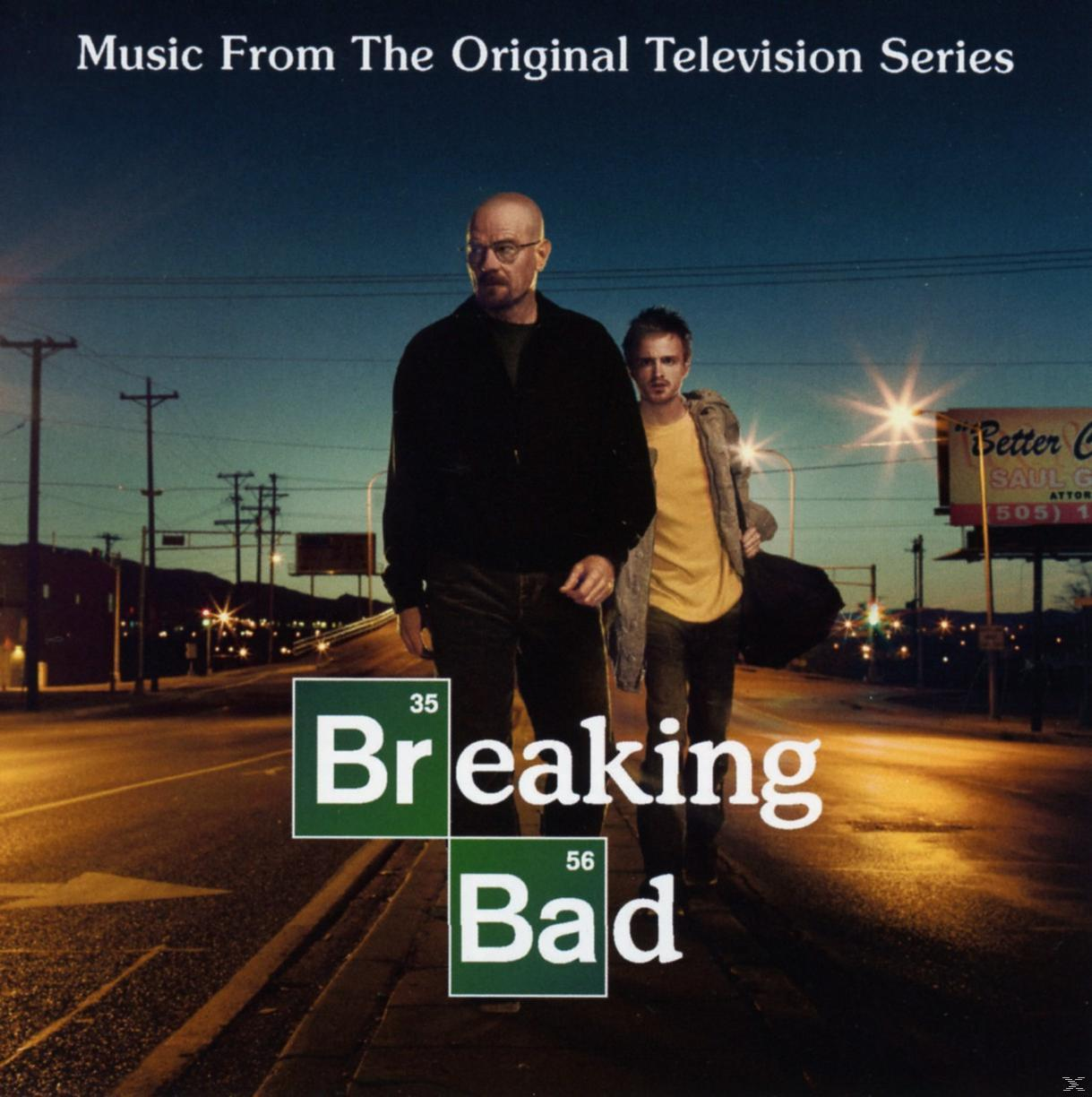 Breaking Bad CD borító. Két férfi éjszaka egy úton sétál. A cím zöld.