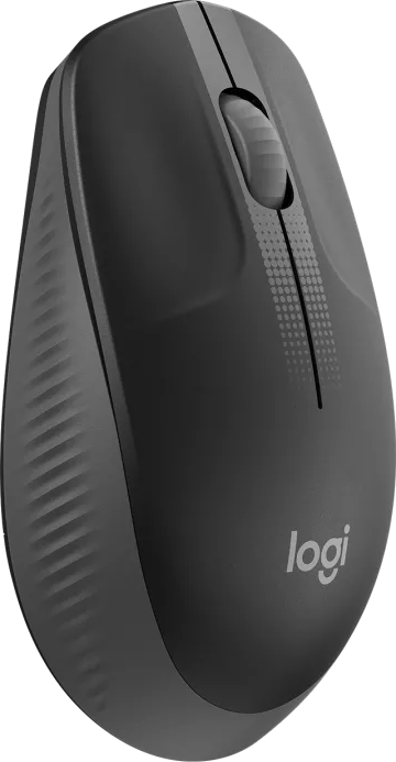 Eine schwarz-graue kabellose Computermaus mit Scrollrad und 'Logi'-Logo auf schwarzem Hintergrund.