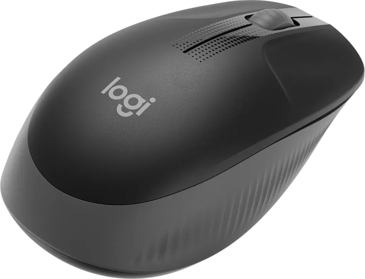 Dunkelgraue kabellose Logitech-Maus. Sie hat ein Scrollrad und das Logitech-Logo oben.