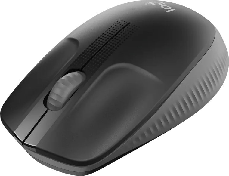 Eine schwarze und graue Logitech-Maus auf schwarzem Hintergrund. Das Scrollrad ist sichtbar.