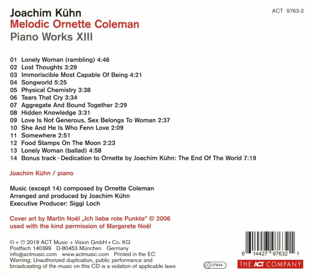 Albumcover mit Trackliste von Joachim Kühn. Weißer Hintergrund mit schwarzem und rotem Text.