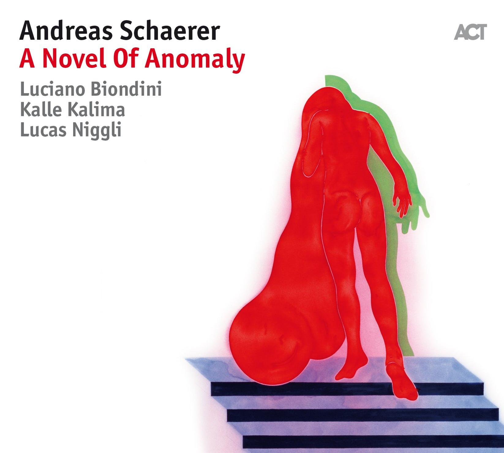 Albumcover. Eine rote, abstrakte menschenähnliche Figur steht auf Stufen. Der Text ist auf weißem Grund.