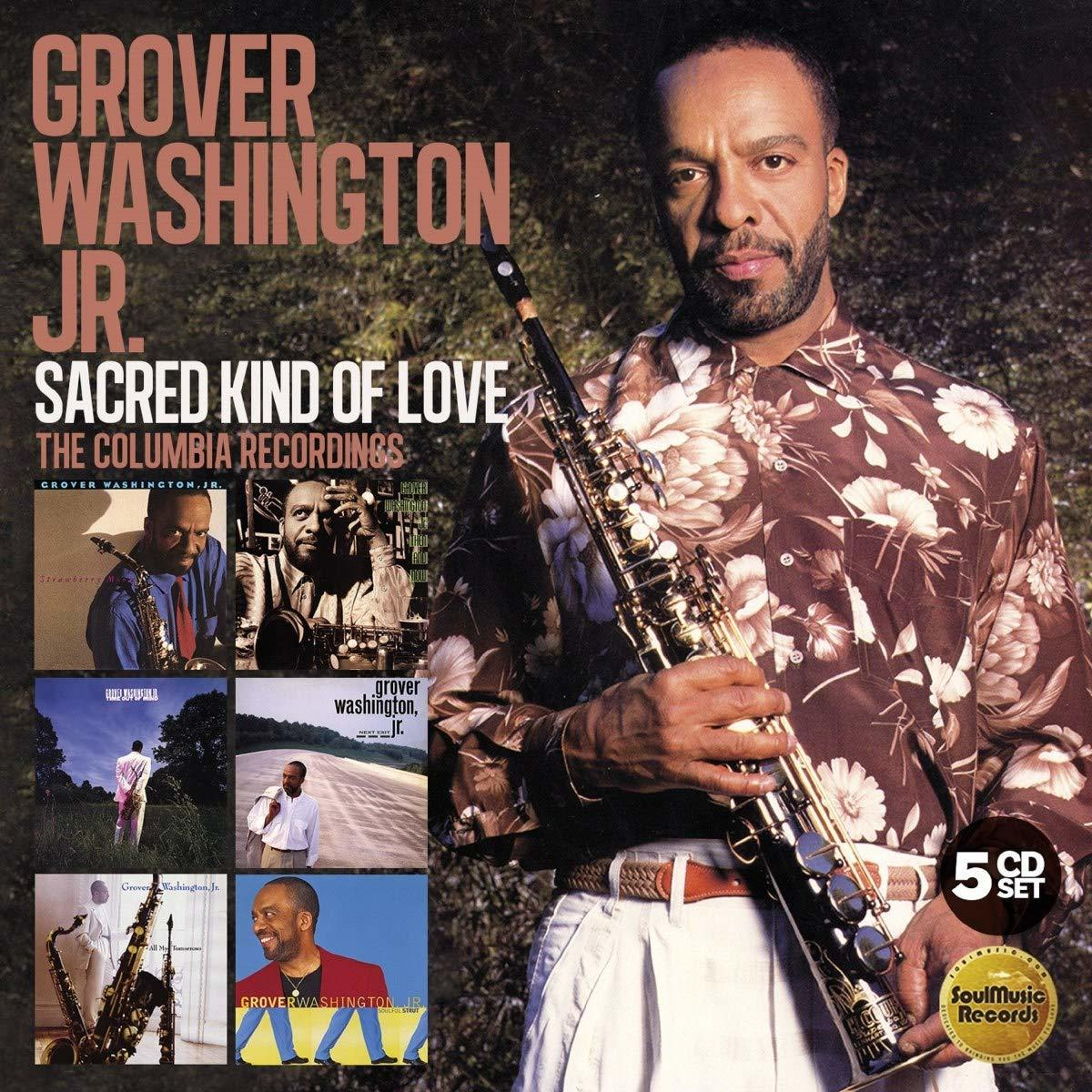 Albumcover mit Grover Washington Jr. mit Saxophon, Albumcover-Kunst und einem "5 CD SET"-Aufkleber.