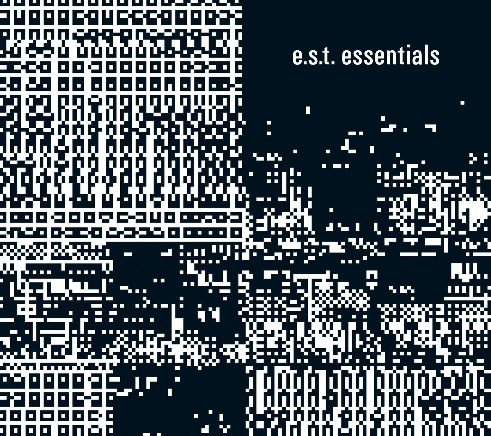 Abstrakte Kunst mit schwarz-weiß pixeligem Muster, mit Text 'e.s.t. essentials'.