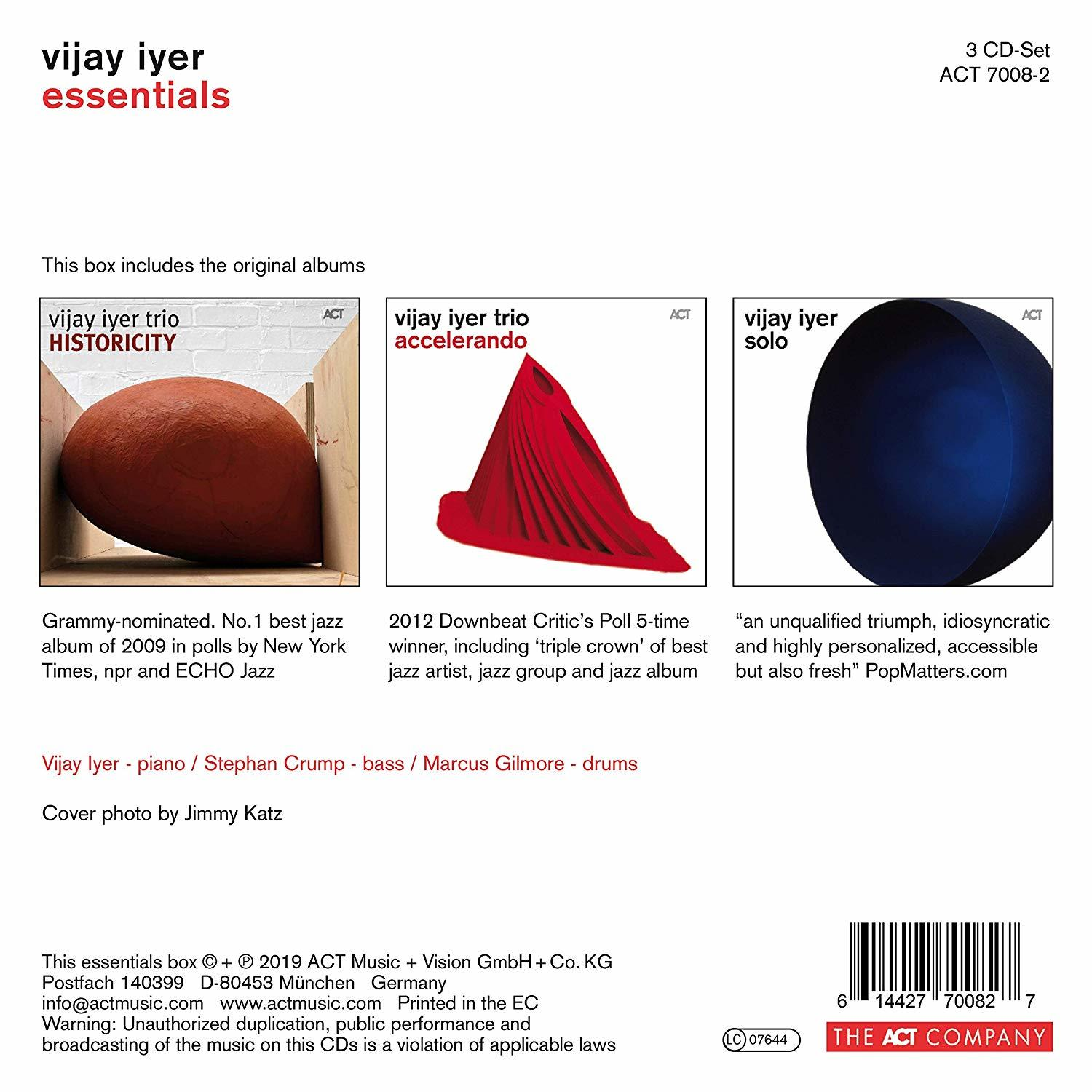 Drei Albumcover für Jazzmusik 'Vijay Iyer Essentials', mit Text.