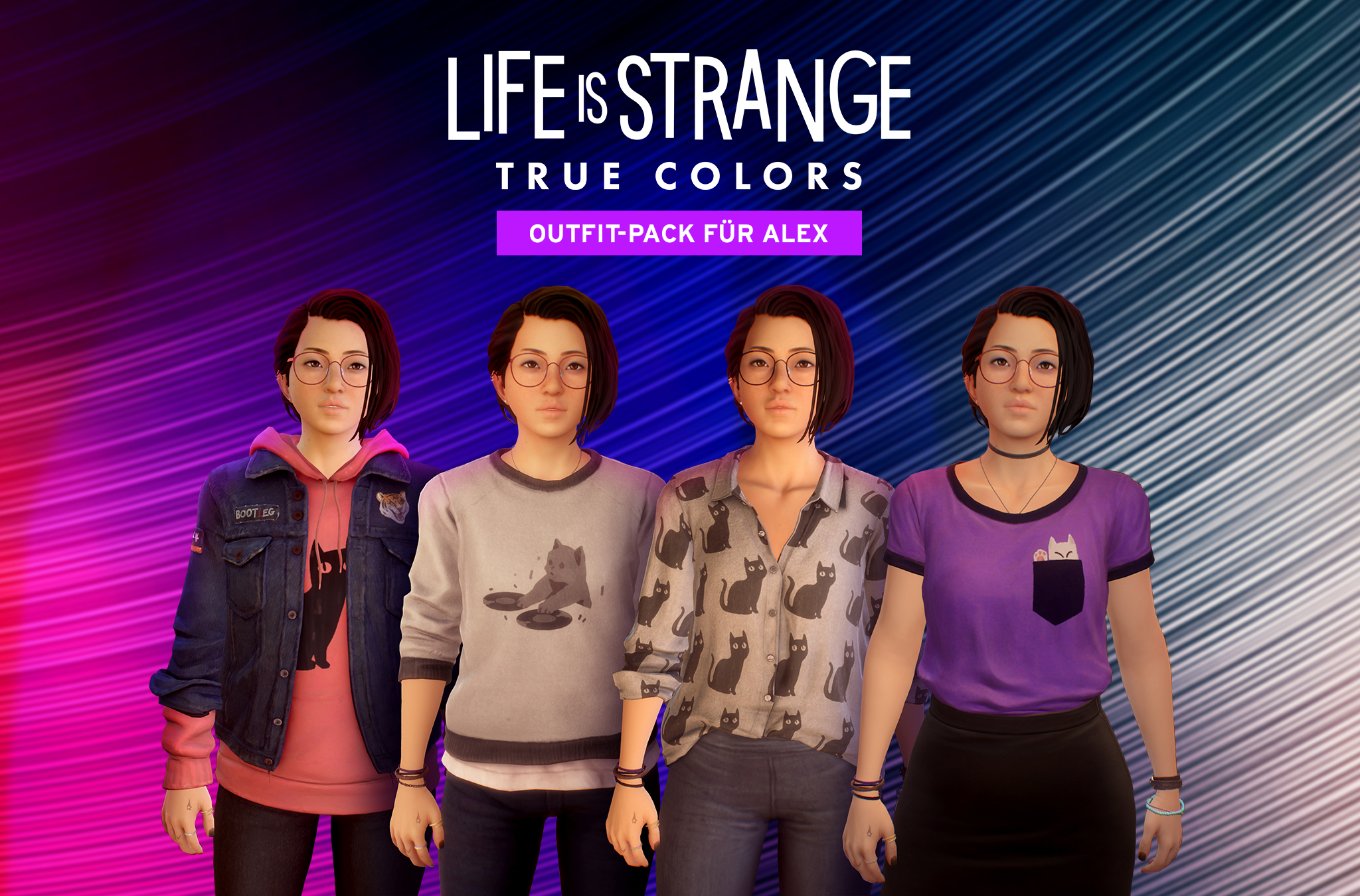 Vier Charaktere aus Life is Strange: True Colors, die jeweils unterschiedliche Outfits tragen.