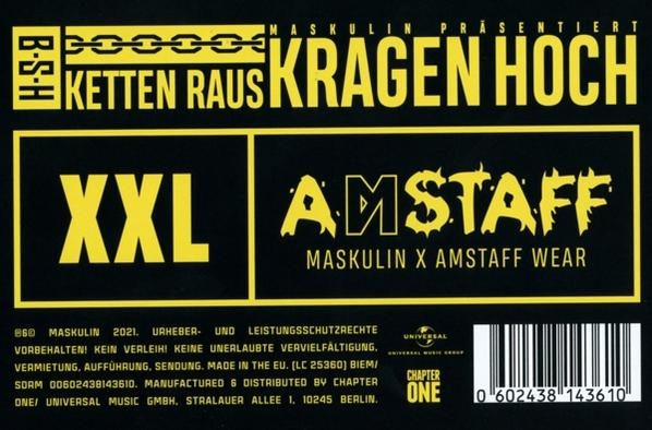 Schwarz-gelbes Albumcover mit Text. 'KETTEN RAUS KRAGEN HOCH' und 'XXL AMSTAFF' sind prominent.
