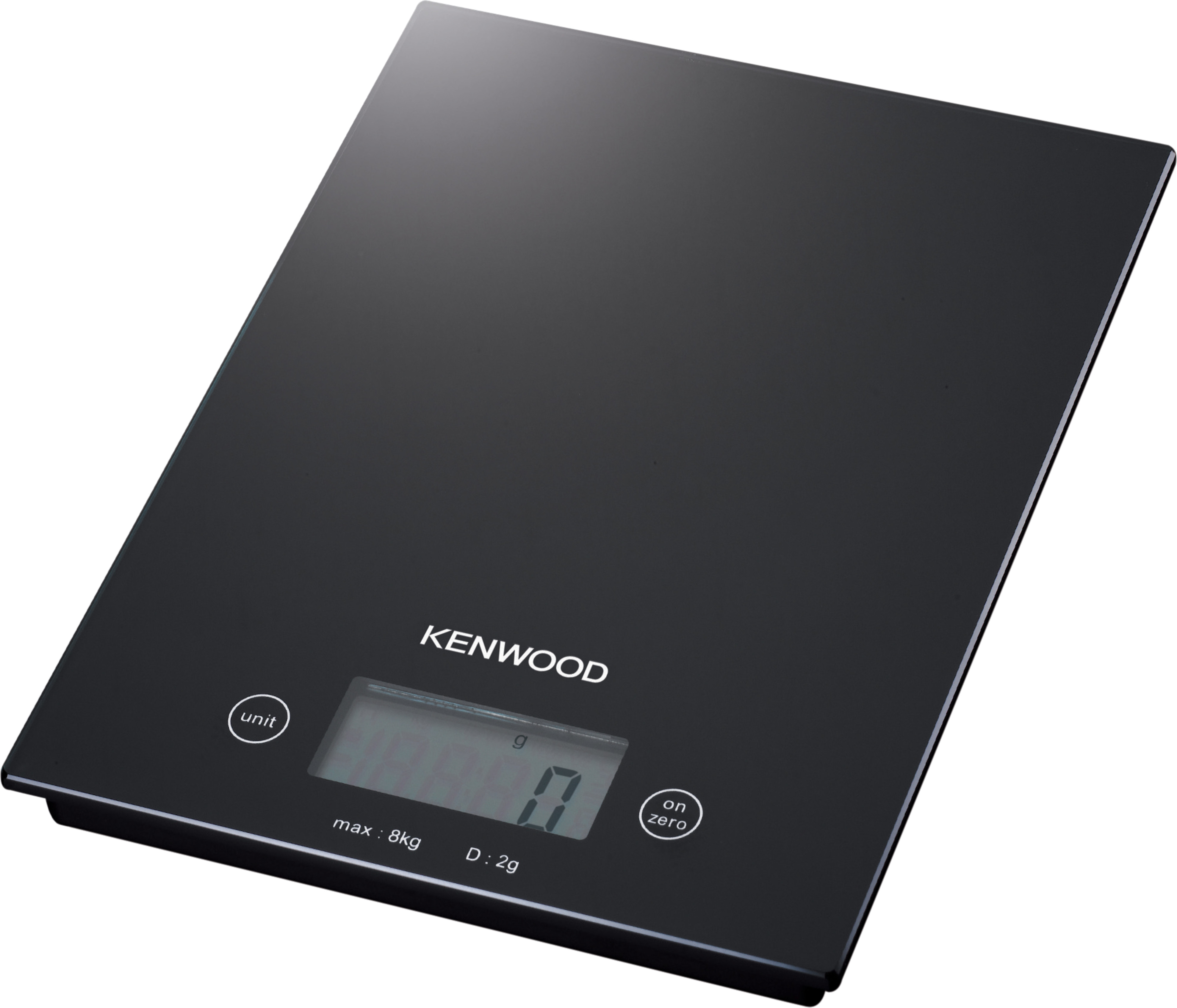 A black digital kitchen scale. It shows '0' on the display, with 'KENWOOD' printed on it.