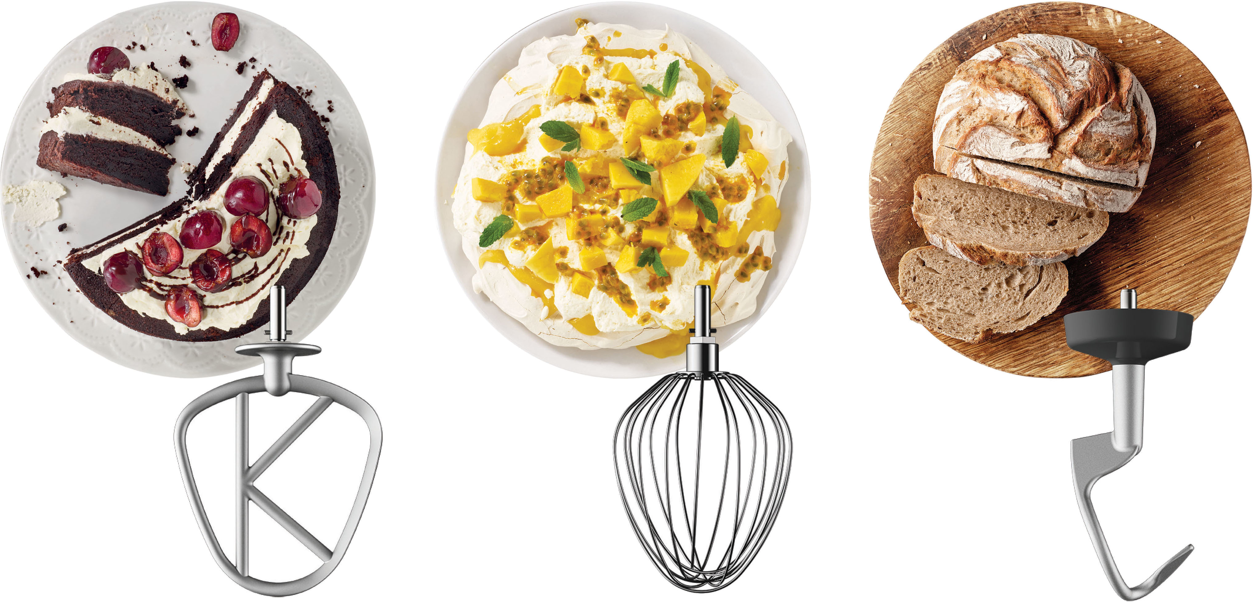 Three dishes with food and mixer attachments on a white surface.