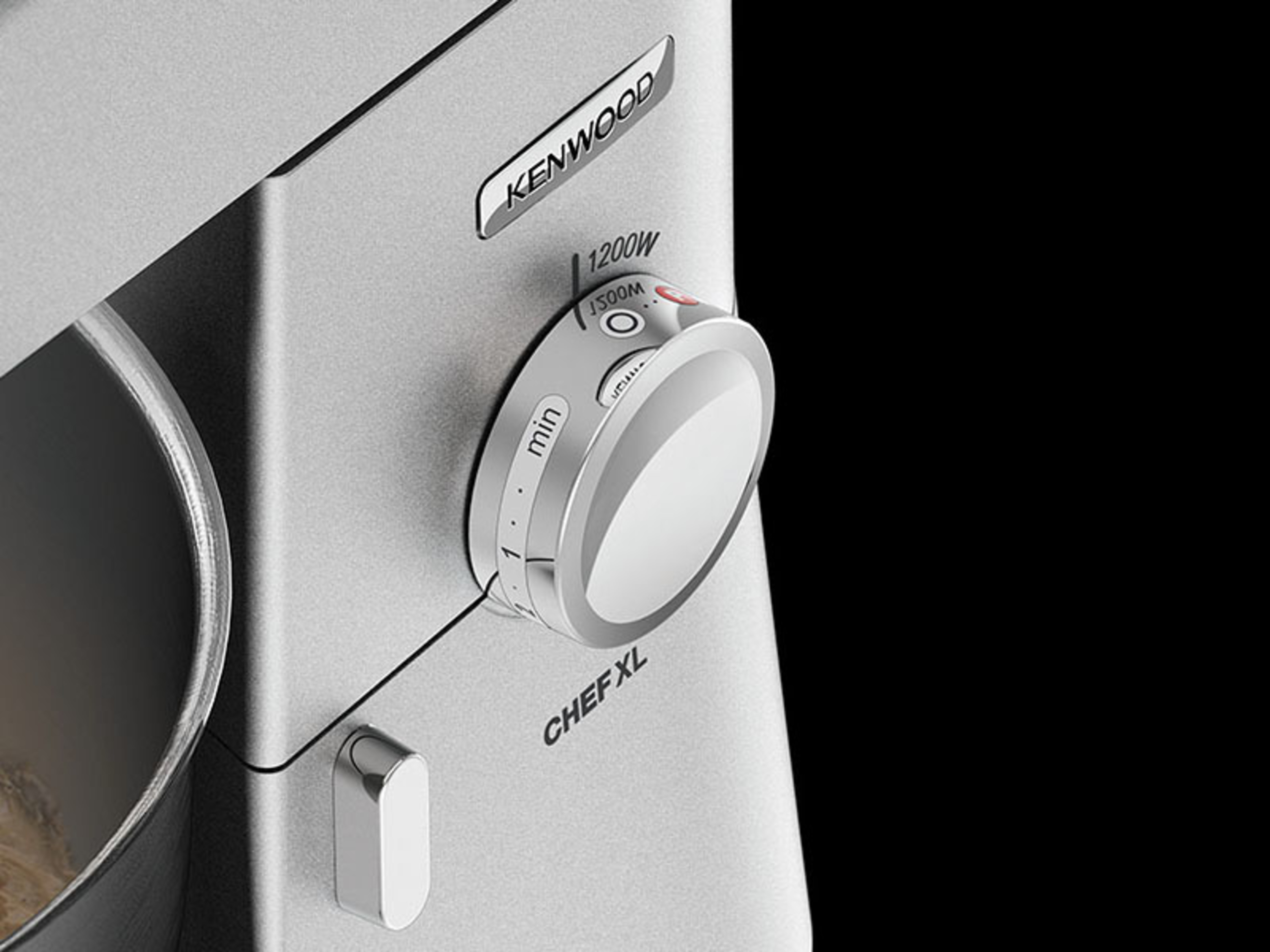 Close-up of a Kenwood Chef XL food processor, showing the speed dial and the Kenwood logo.