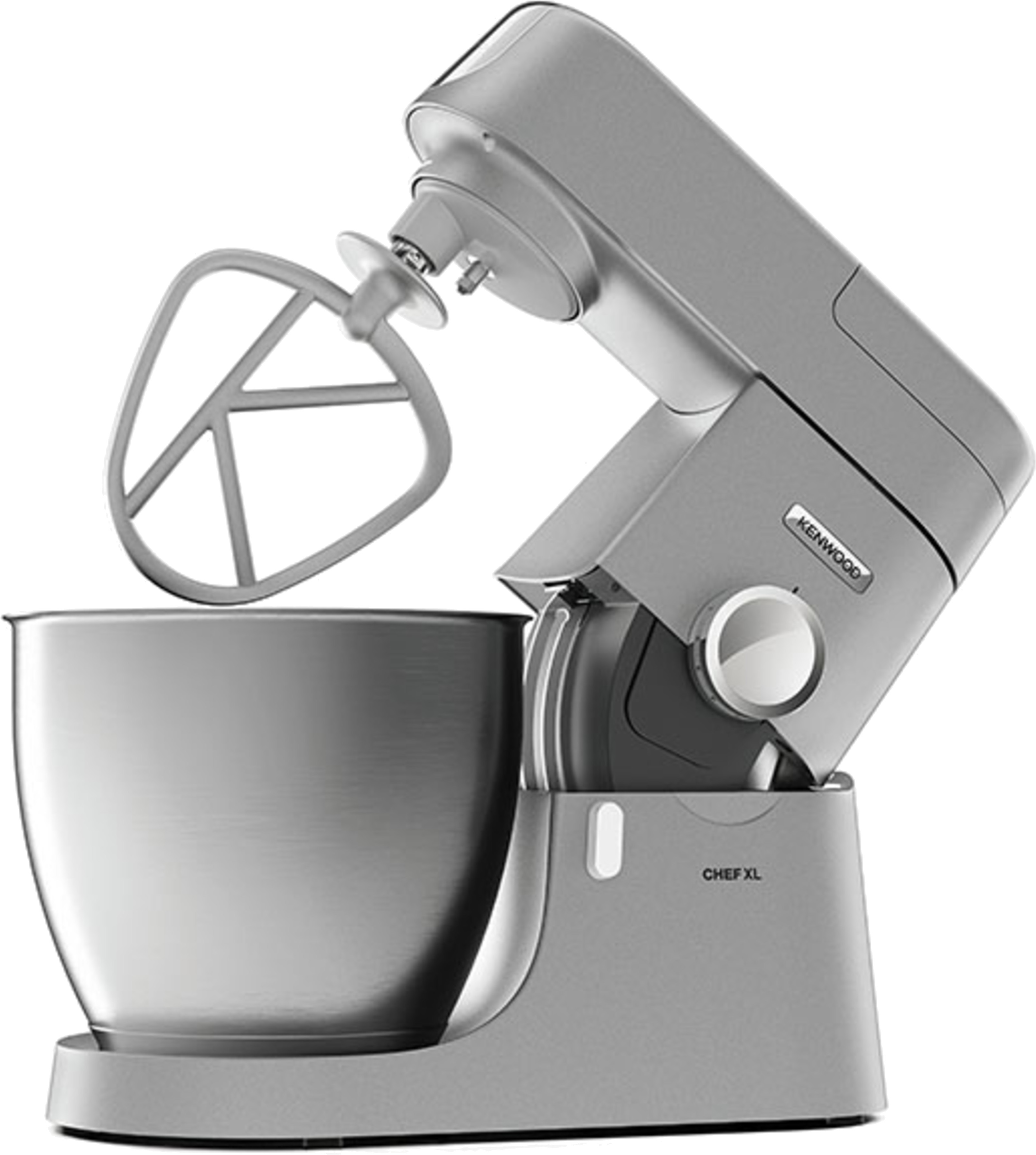 Silver Kenwood Chef XL kitchen mixer, bowl in front, beater raised.