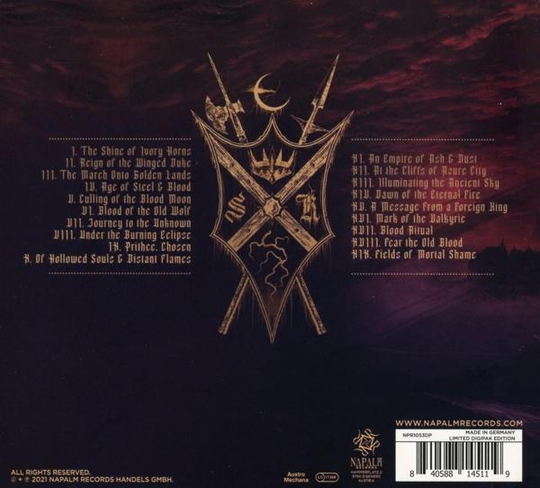CD-Cover mit Text und Schilddesign. Der Hintergrund ist dunkelbraun mit einer Liste von Songtiteln.