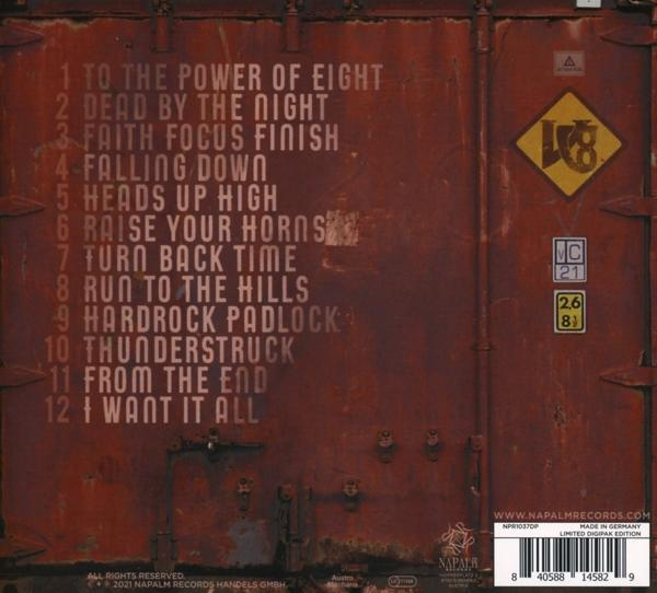 Rückseite eines Albums mit Titelliste und Credits auf einer rostigen Metalloberfläche.