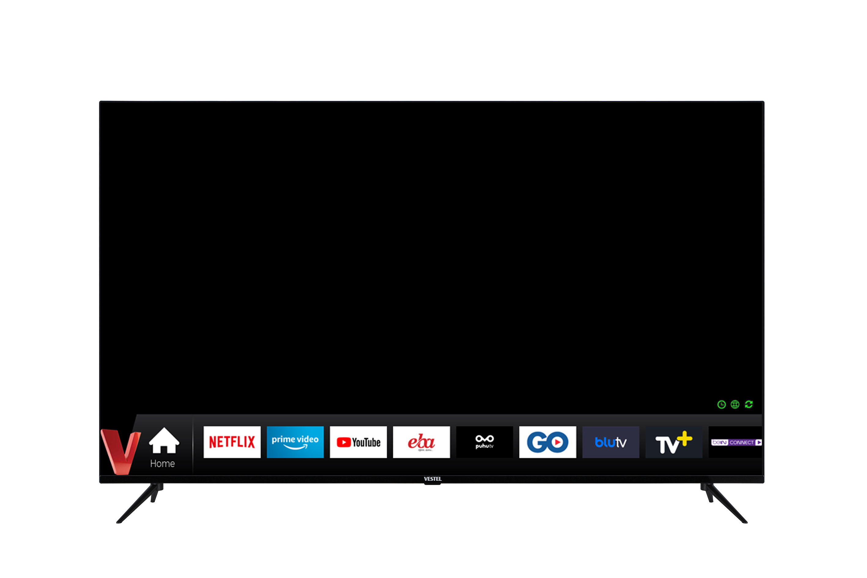 Çeşitli uygulama simgeleri ve siyah bir ekranı olan büyük bir siyah TV. TV bir stand üzerinde.