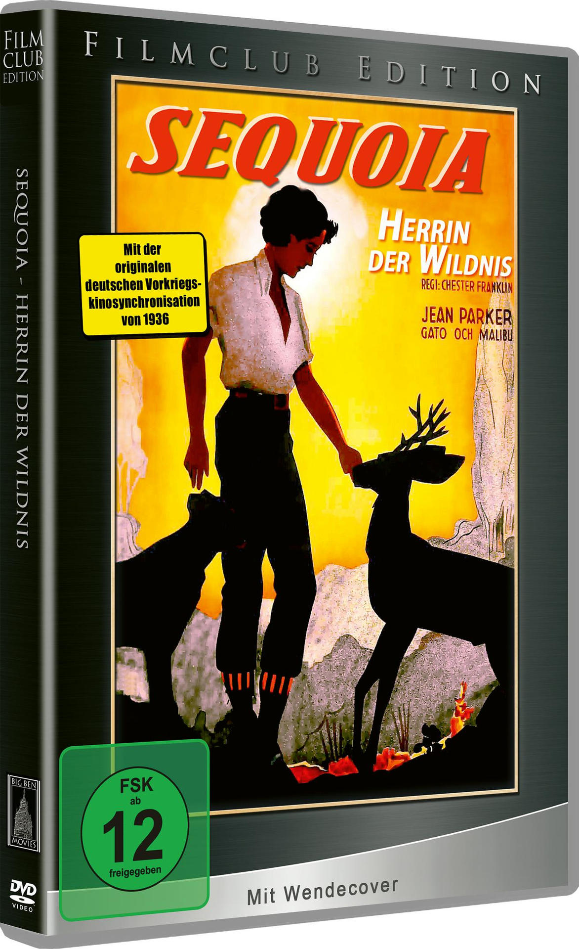 DVD-Hülle mit einer Frau und einem Hirsch. Filmtitel in großen gelben Buchstaben. Schwarz-, Grau- und Grüntöne.