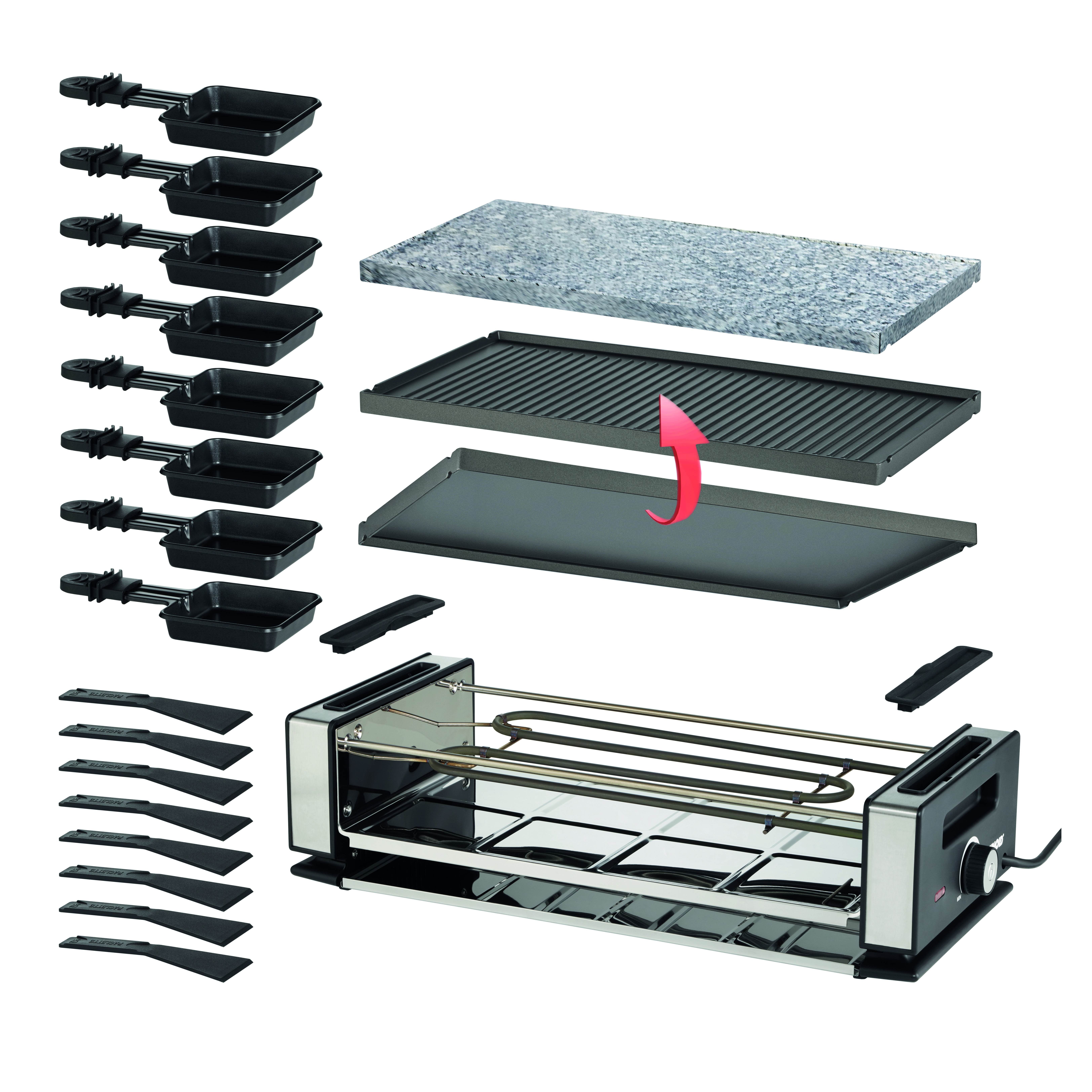 Raclette-Grill mit zerlegten Teilen. Enthält Pfannen, Grillplatte, Stein und Heizelement.