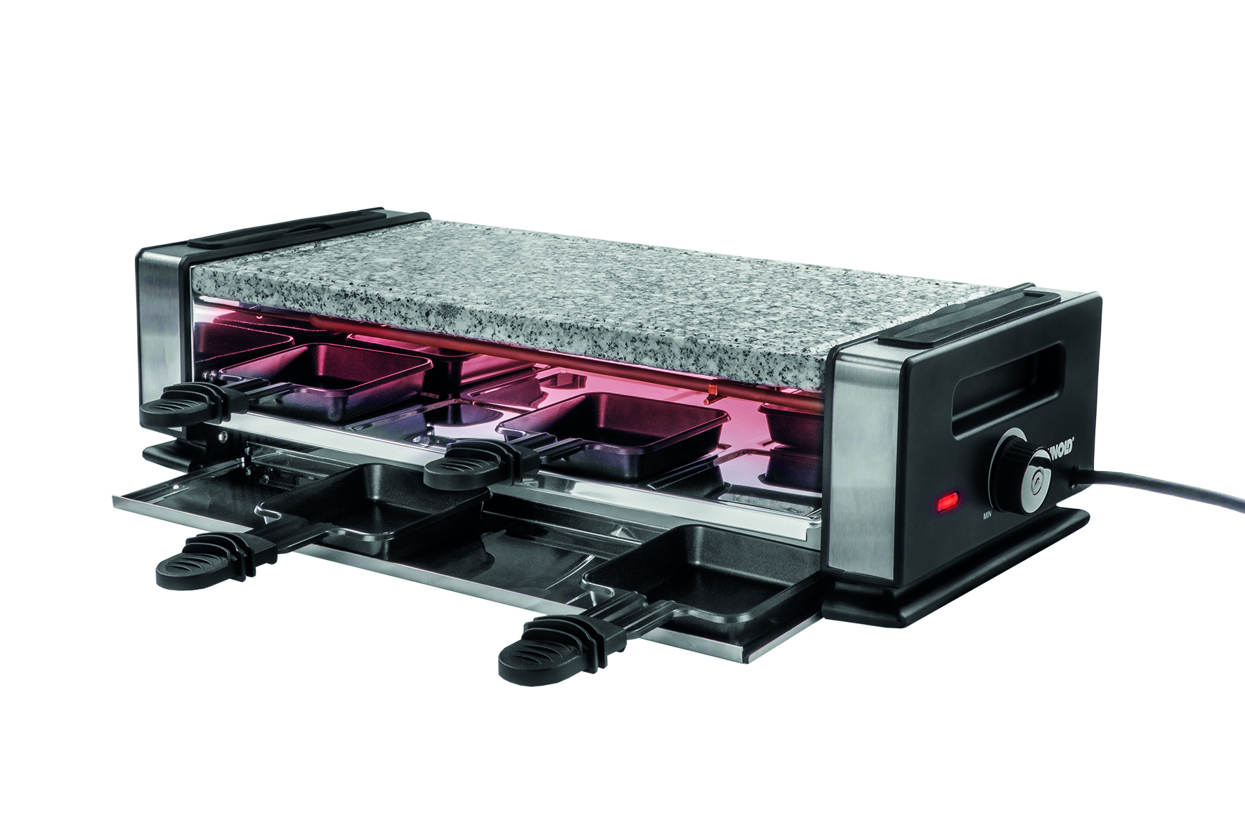 Ein Raclette-Grill mit mehreren Tabletts und einer Steinplatte, auf weißem Hintergrund.