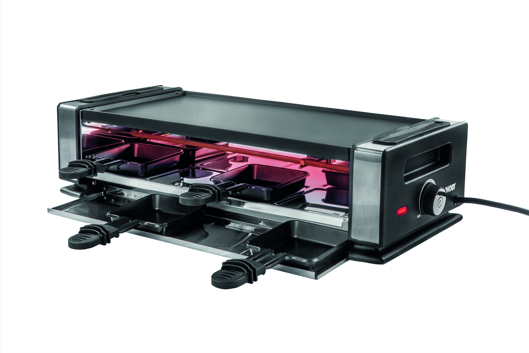 Raclette-Grill mit Pfannen und Heizelementen, auf weißem Hintergrund.