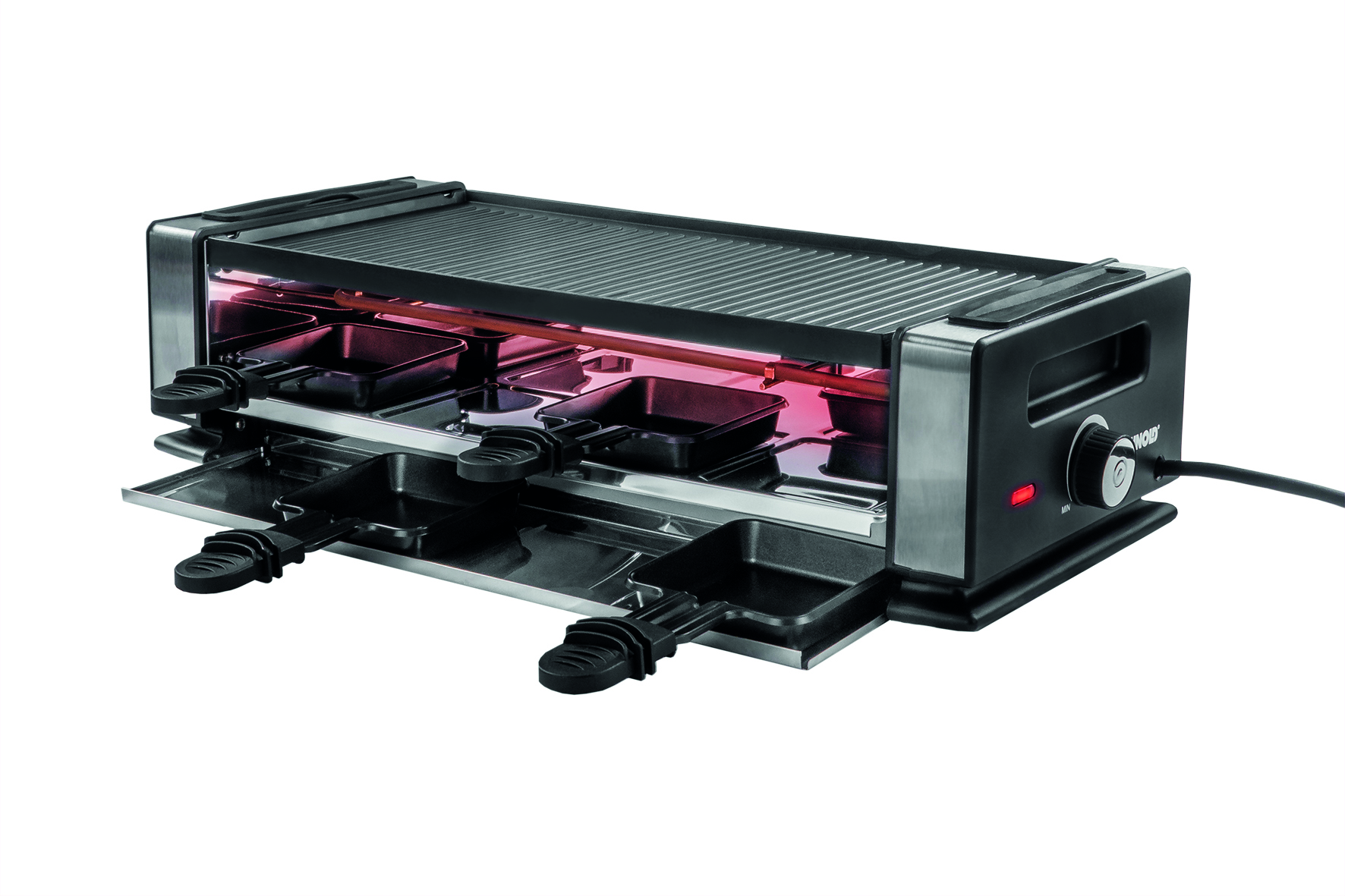 Ein Raclette-Grill mit vier Pfannen, einem Heizelement und einem Drehknopf.