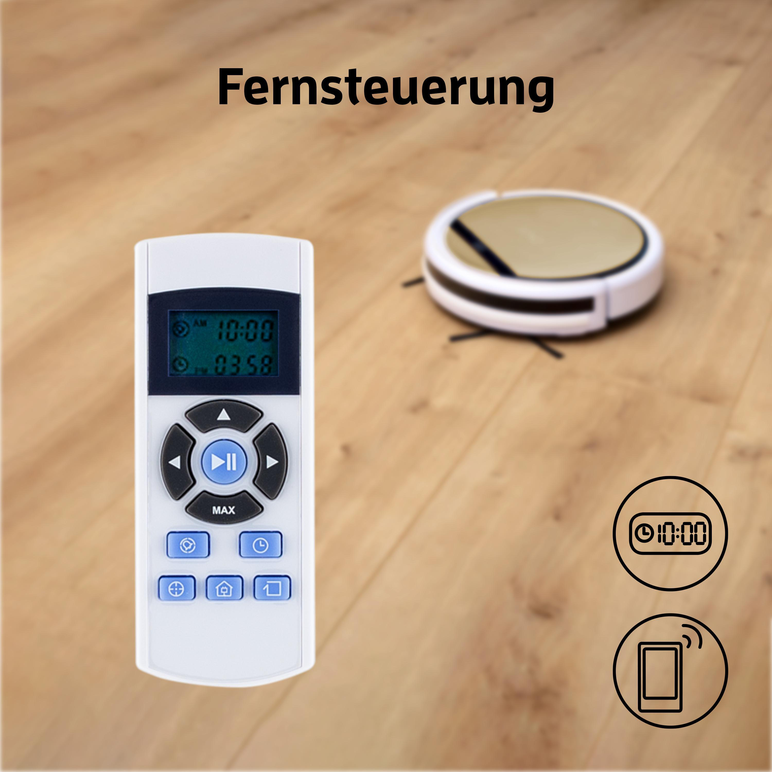 Eine Fernbedienung und ein Roboterstaubsauger liegen auf einem Holzboden.