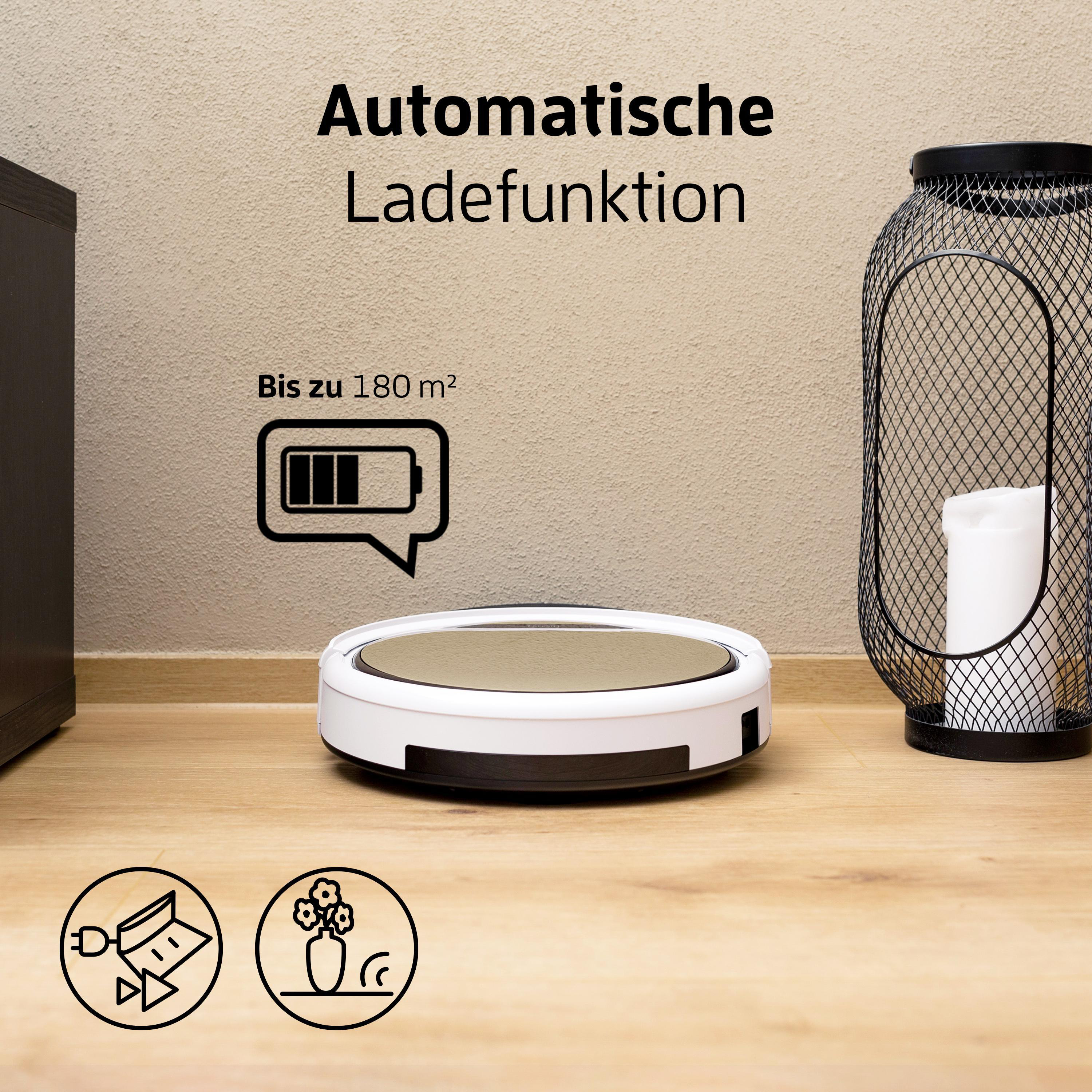 Roboter-Staubsauger auf Holzoberfläche, Illustration links.