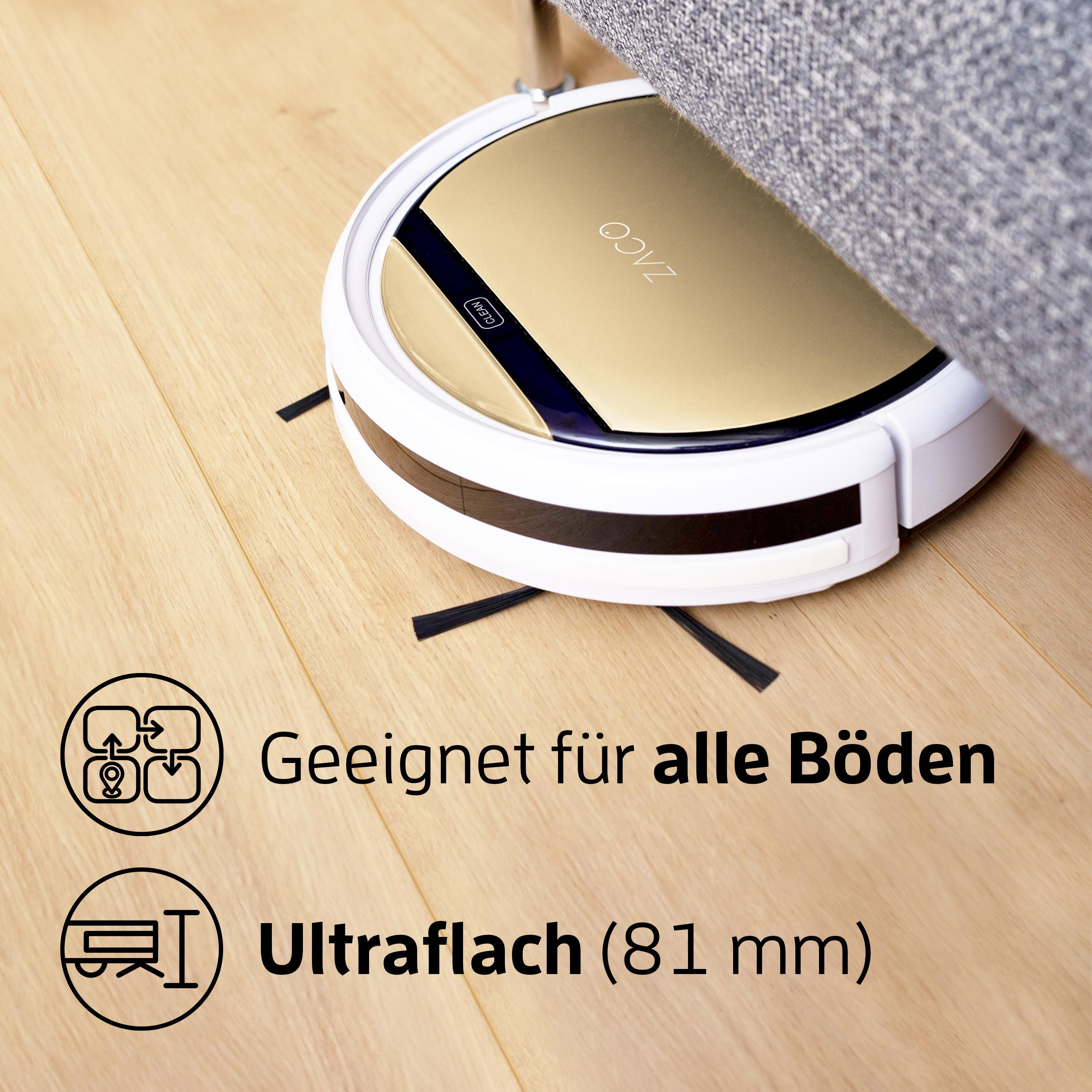 Roboter-Staubsauger reinigt einen Holzboden. Der Roboter ist gold und weiß.