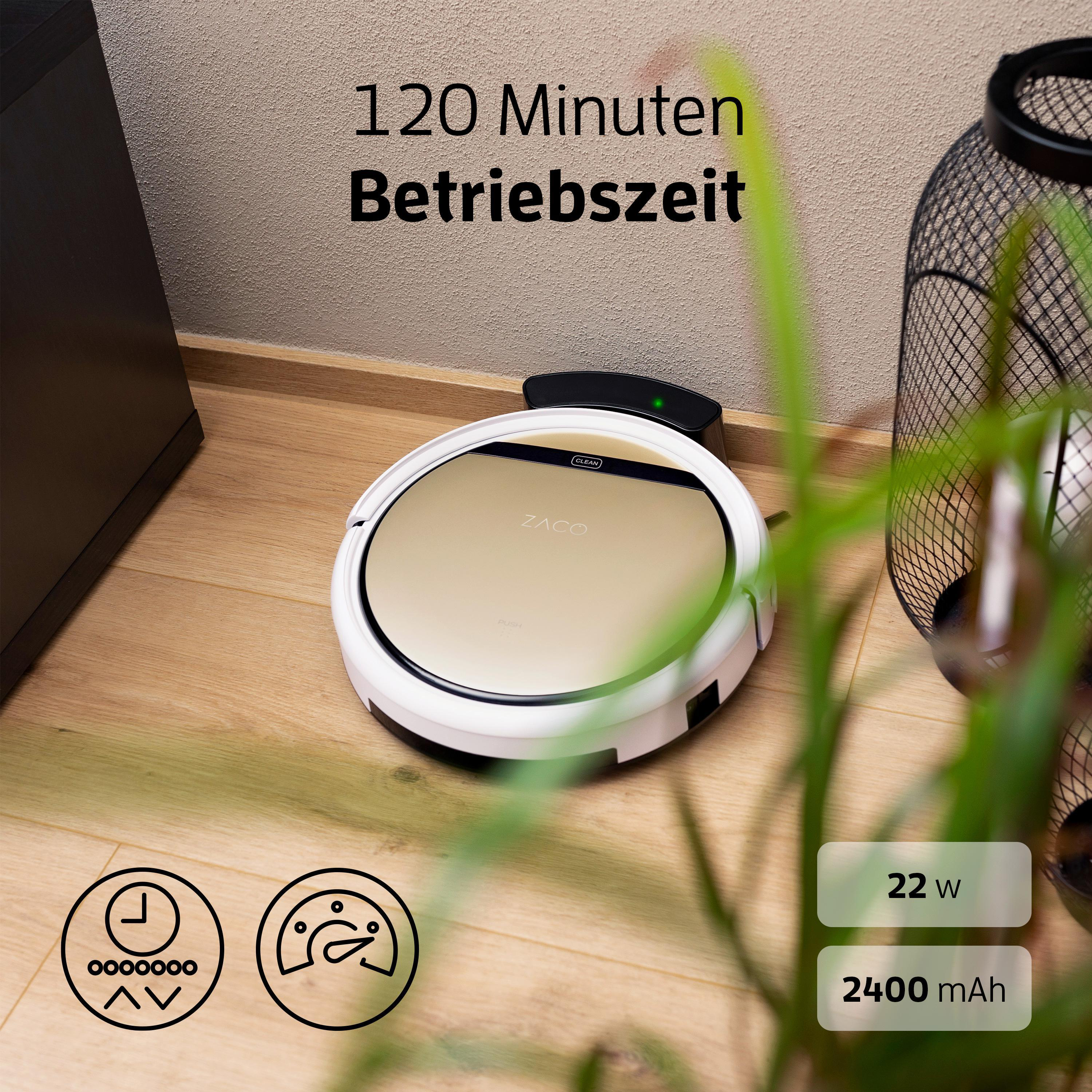 Ein weißer und goldener Zaco-Roboterstaubsauger auf Holzboden, mit Text "120 Minuten"