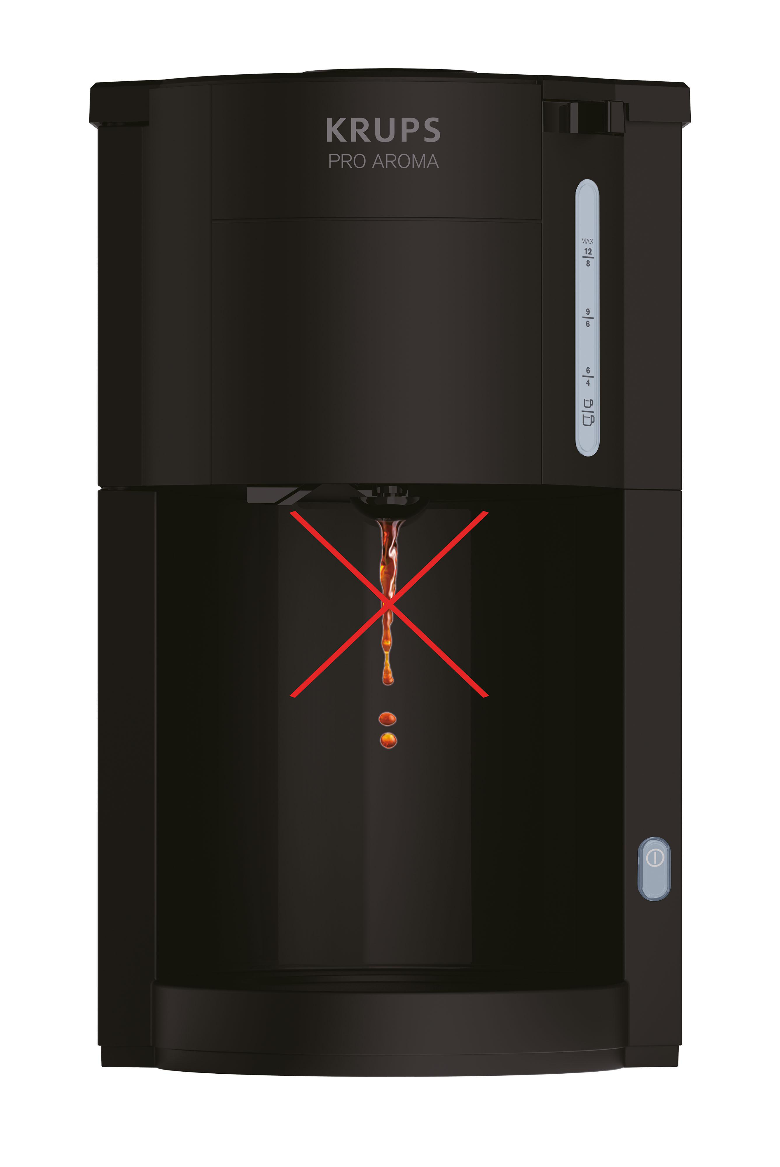 Schwarze Krups Pro Aroma Kaffeemaschine mit rotem Kreuz, das anzeigt, dass sie keinen Kaffee ausgibt.