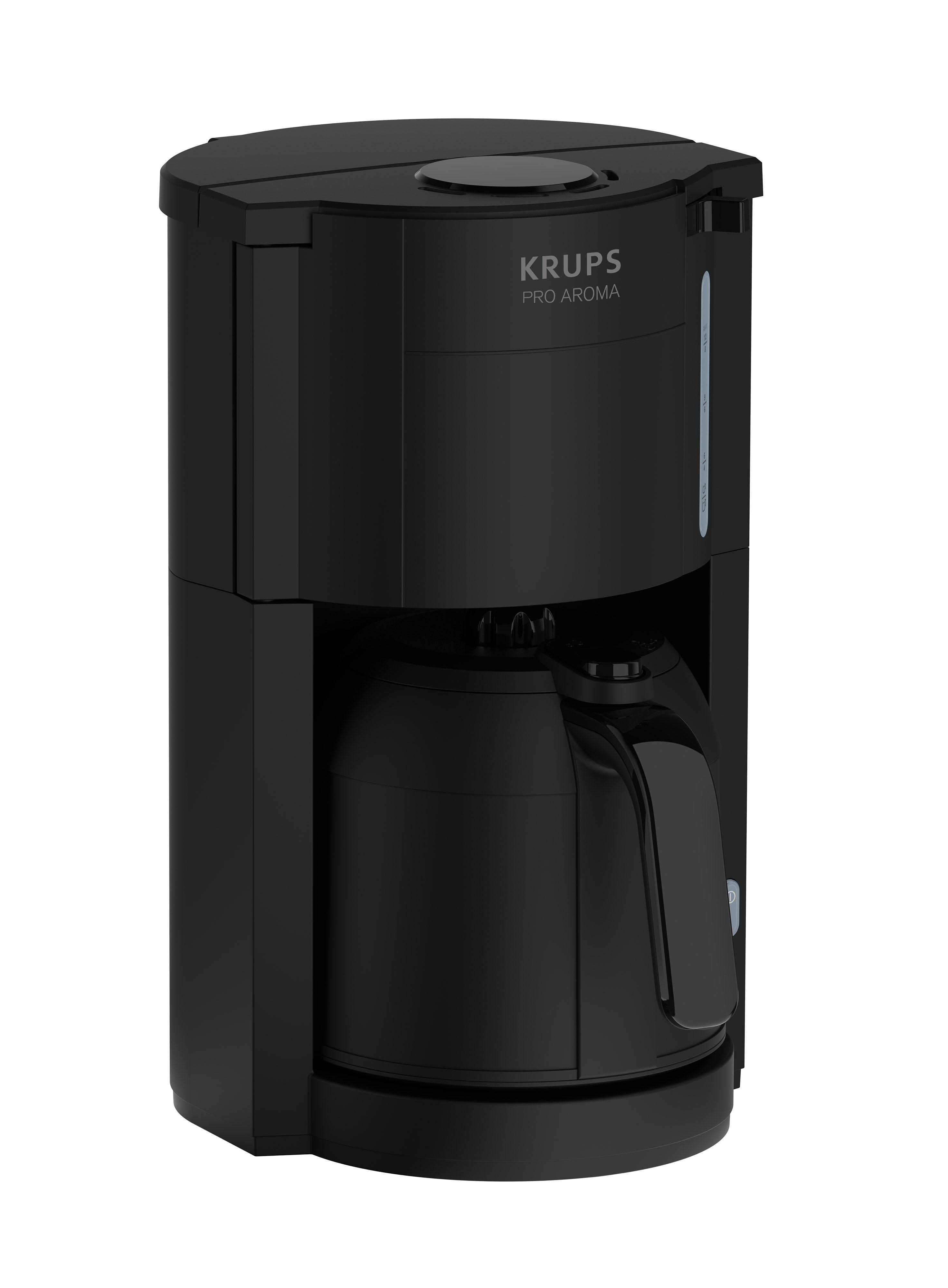 Schwarze KRUPS Pro Aroma Kaffeemaschine mit schwarzer Karaffe auf weißem Hintergrund.