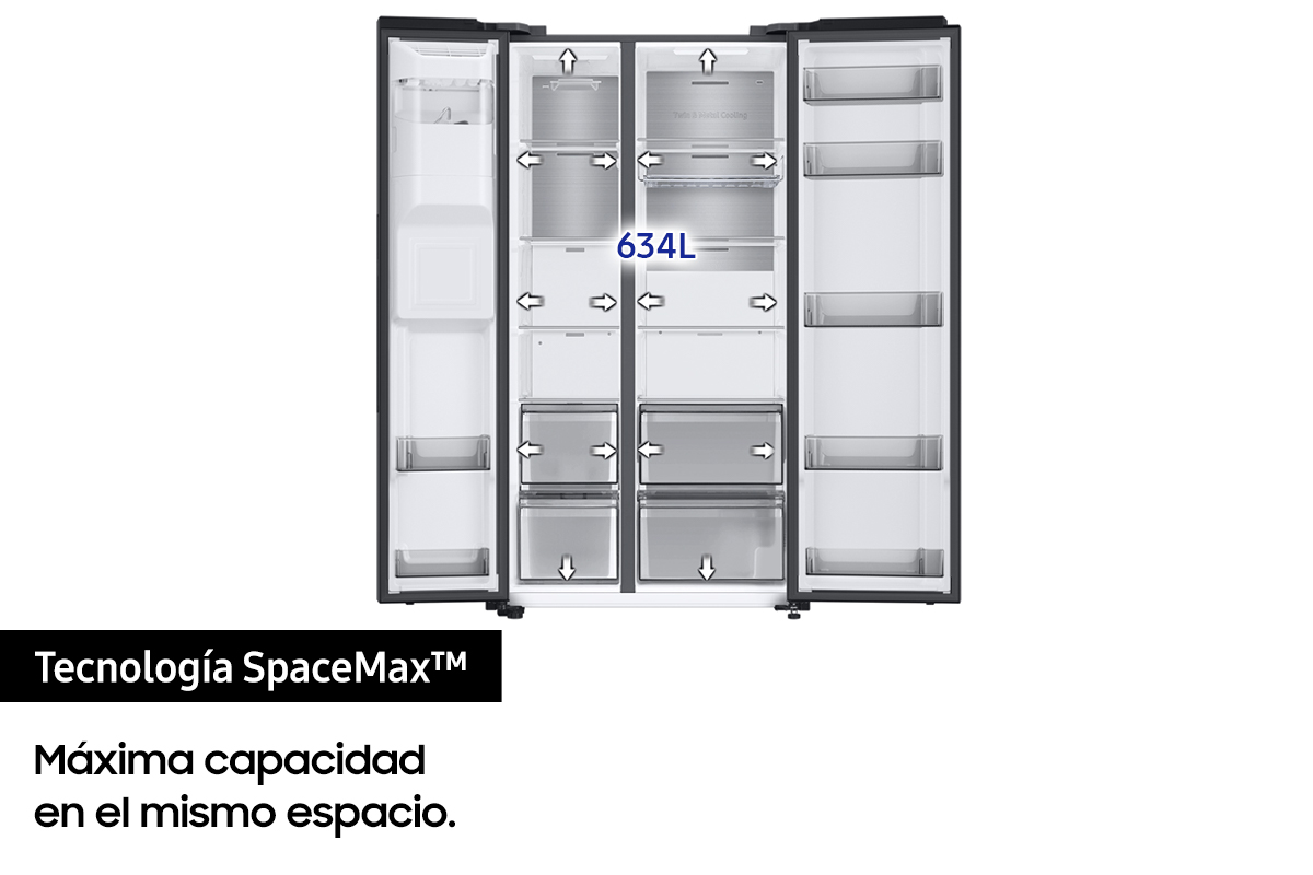 Refrigerador lado a lado abierto mostrando compartimentos y capacidad en español, en blanco.