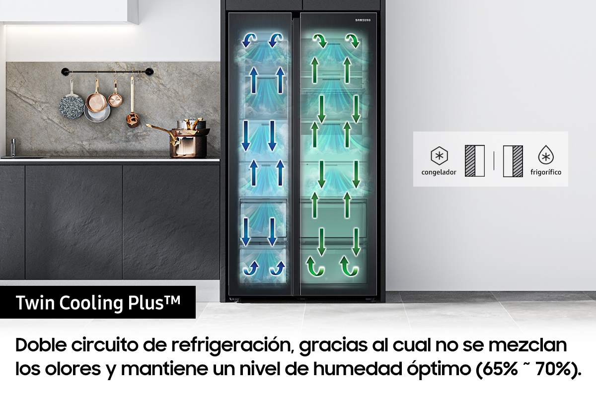 Un frigorífico con Twin Cooling Plus, con una infografía.