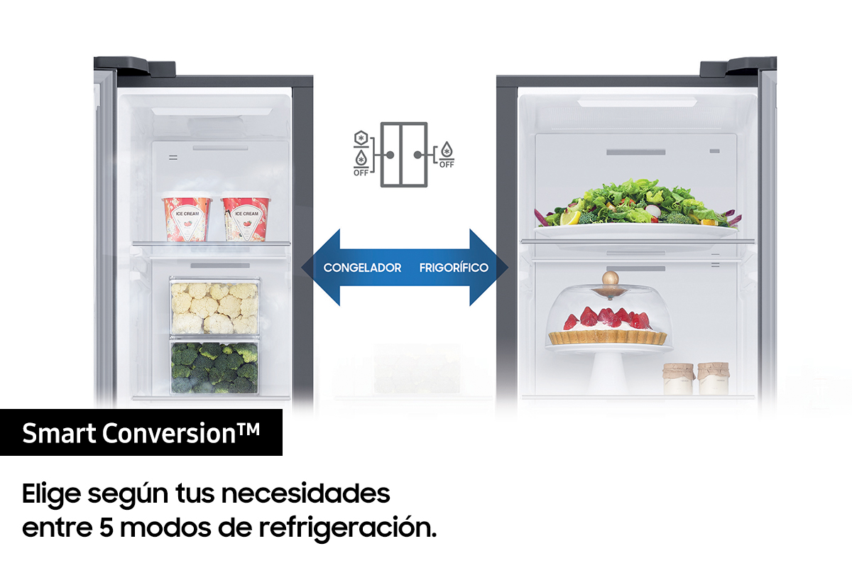 Refrigerador con puertas abiertas, mostrando congelador y compartimentos de nevera con alimentos.
