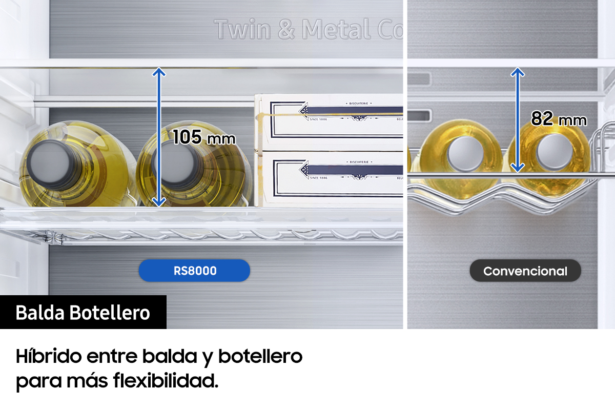 Interior de refrigerador con botellas de vino, estantes y texto sobre el refrigerador.