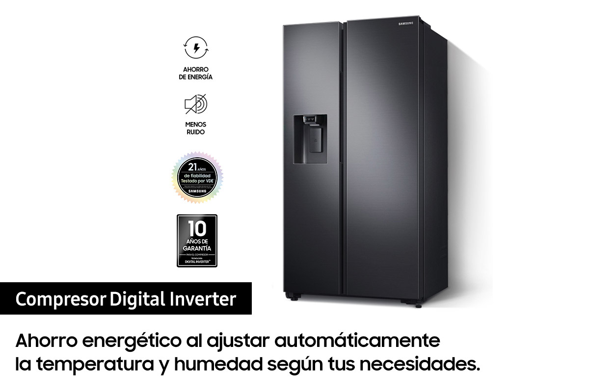 Nevera Samsung negra con iconos y texto.