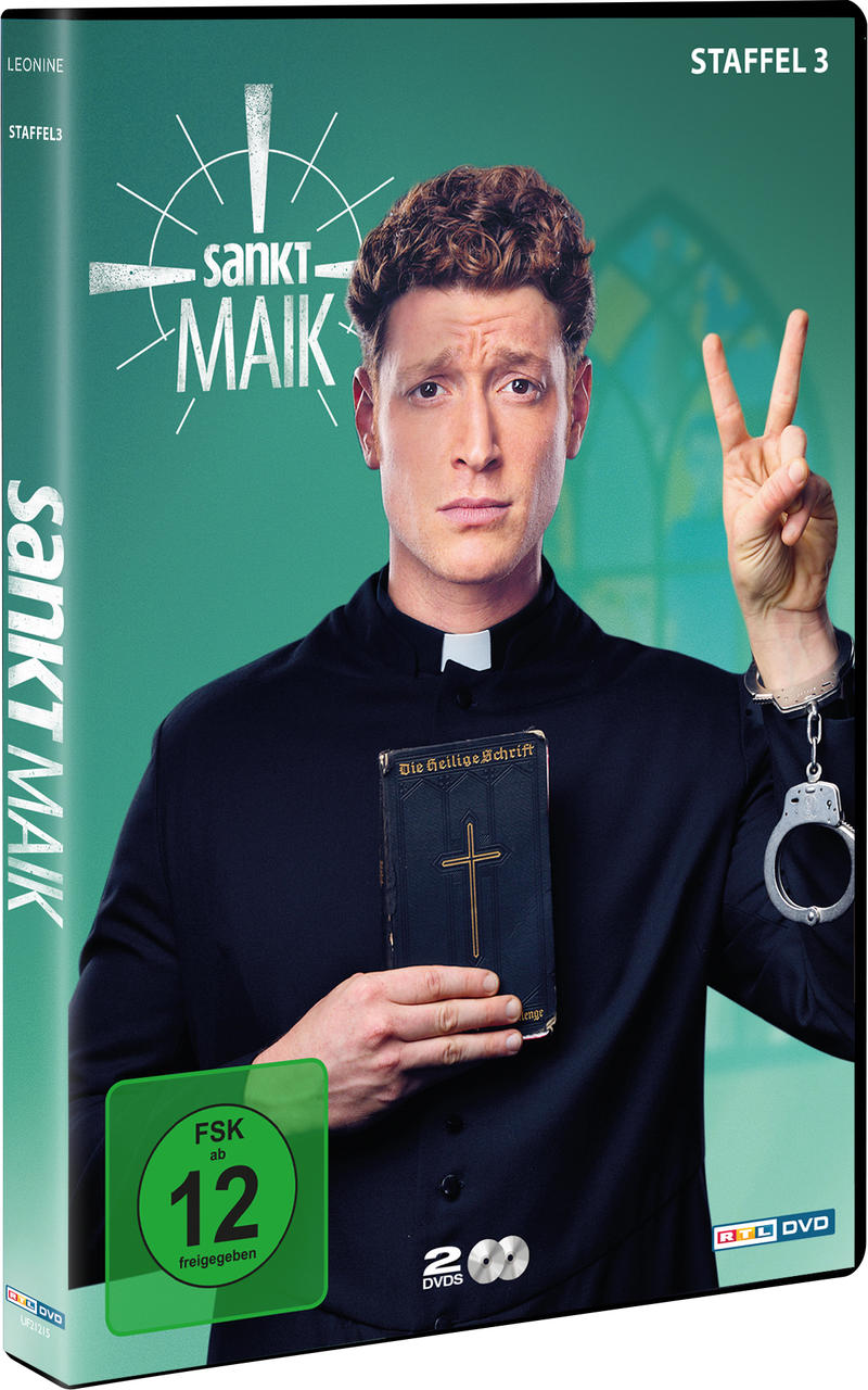 DVD-Cover von 'Sankt Maik'. Ein Mann in Priesterkleidung hält eine Bibel und zeigt ein Peace-Zeichen.