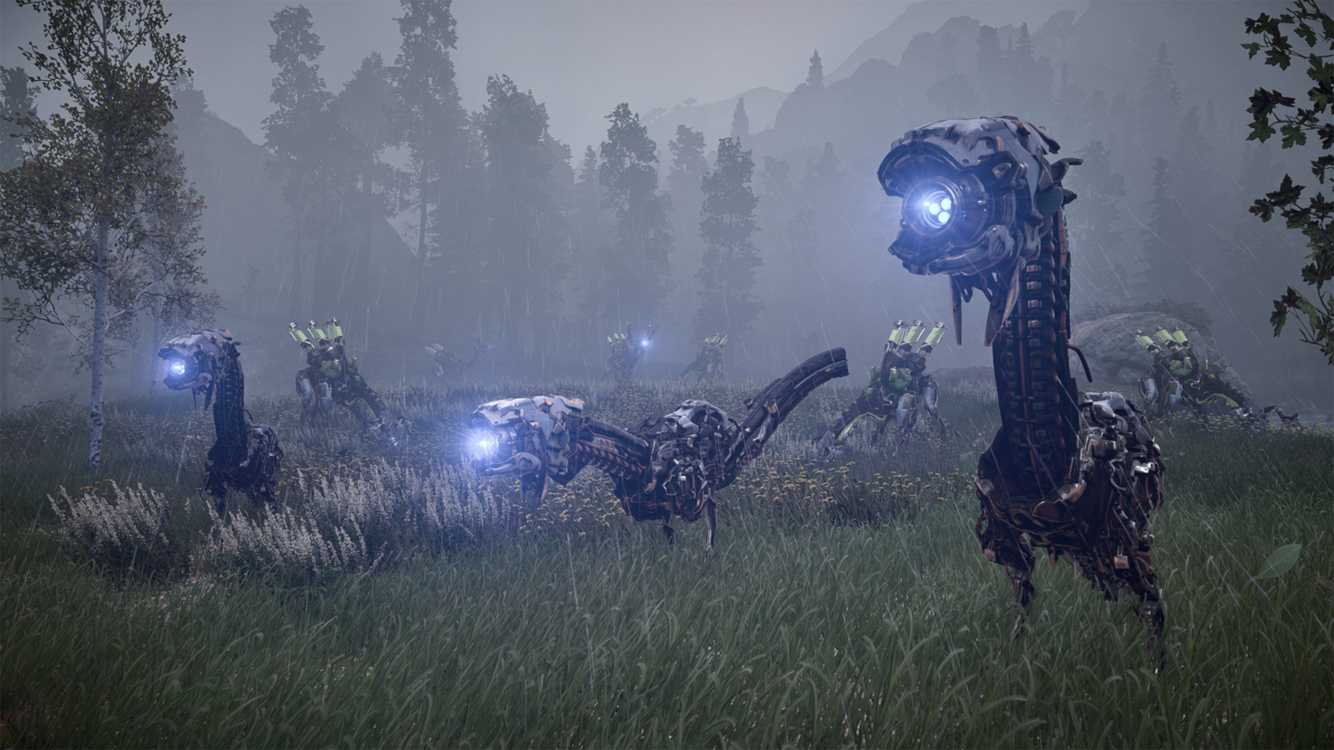 Robotdinosaurussen in een veld, een mistige achtergrond.